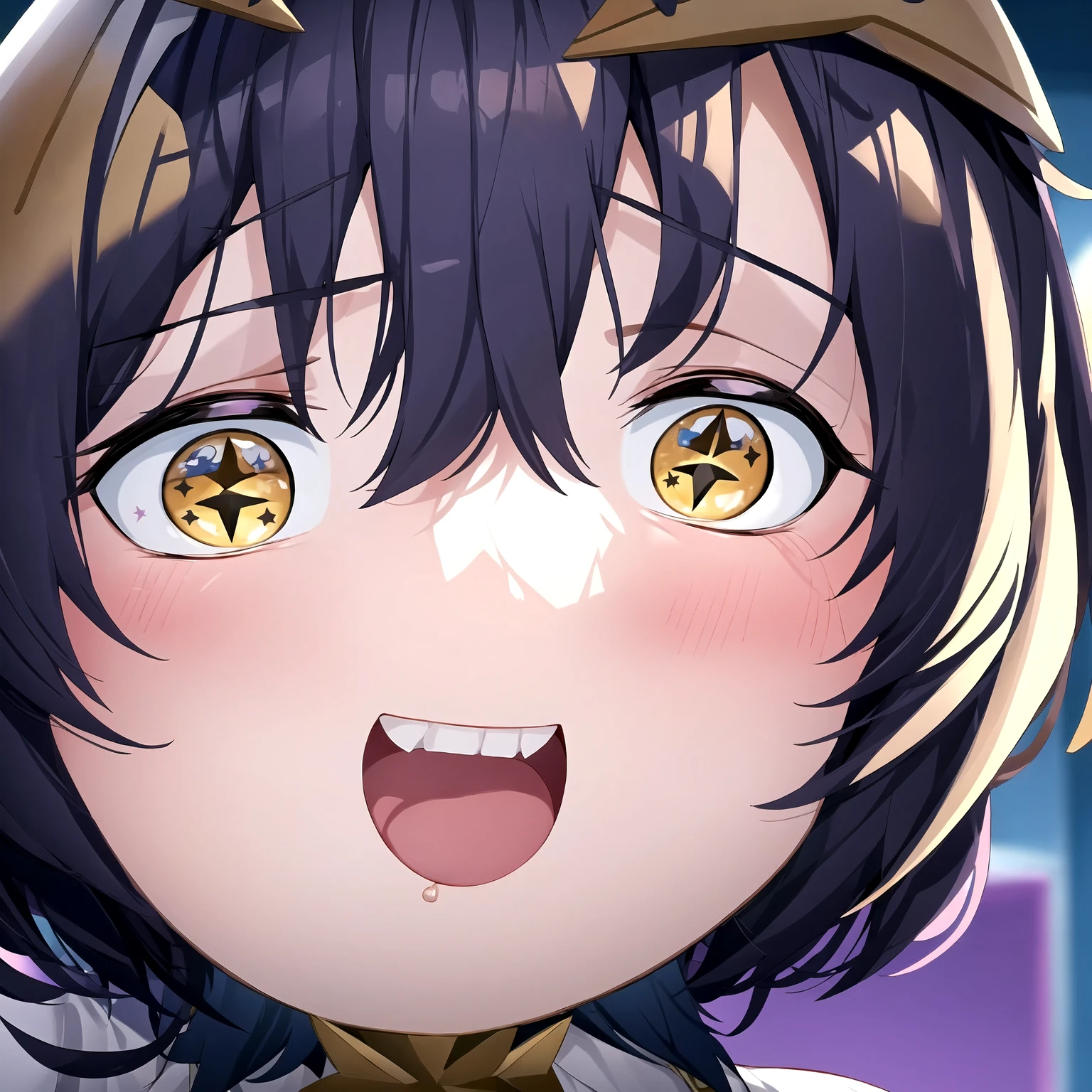 from above, face focus, best quality, masterpiece, chibi, cute black cat beast girl, shining star-shaped pupils, fist pump, happy expression, black short hair, pastel color background