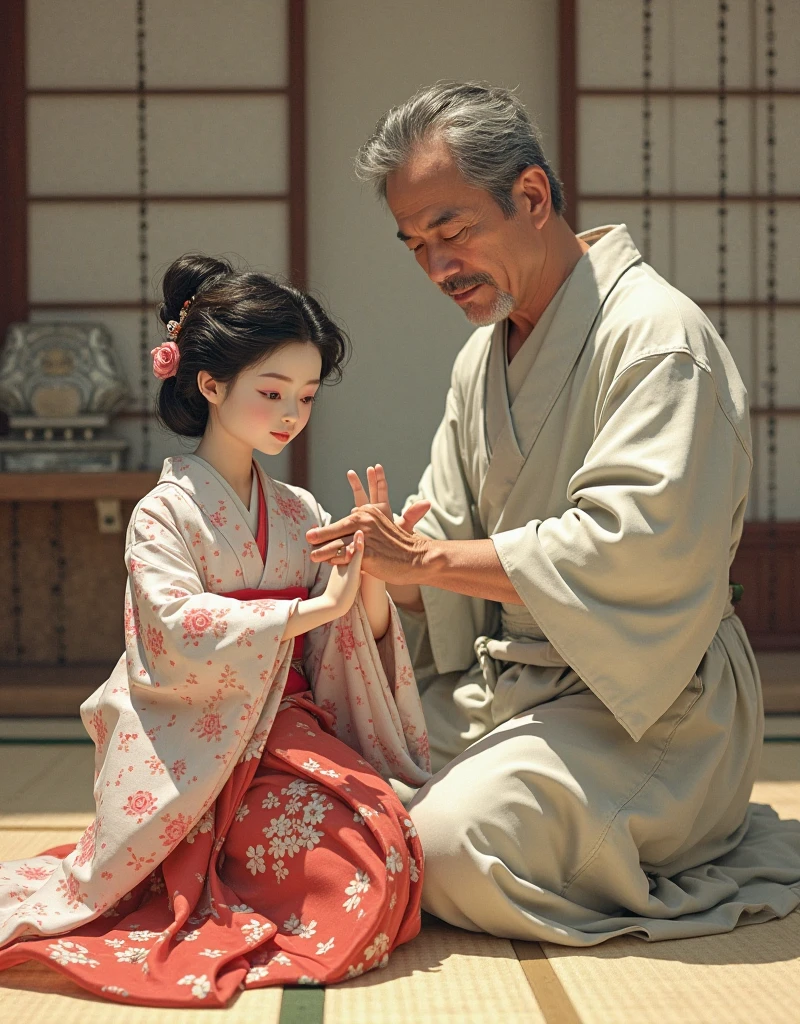 8K，tmasterpiece，Natural lighting，sitting before a table，Outdoor photography，sface focus，detailed face with，facial wrinkle，2 people，Sit face to face，Male elderly，White hair，Hairpins，Taoist costumes，Hanfu，5 year old boy