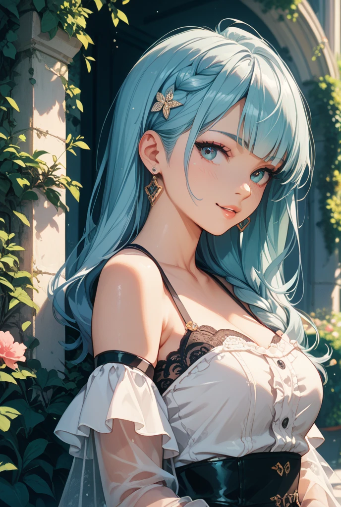 Best Quality,High resolution,8k,(plain white background, no patterns, no textures, just a plain white background:1.3),Masterpiece:1.2),beautiful girl,Shiny green hair,messy hair,Green Eyes,Gentle look,A refreshing look,smile,Best quality,Best Quality,Aesthetic and aesthetic:1.2,Best details((Super detailed))(High-definition CG illustrations),Slender body,smile,blush,cute,Scrounge,Looking up,Being spoiled,off shoulder, paired with pre-ripped jeans, colorful cotton fabric with a subtle pattern, casual sneakers with a pop of color, Accessories include a playful pendant necklace and colorful stud earrings, super model