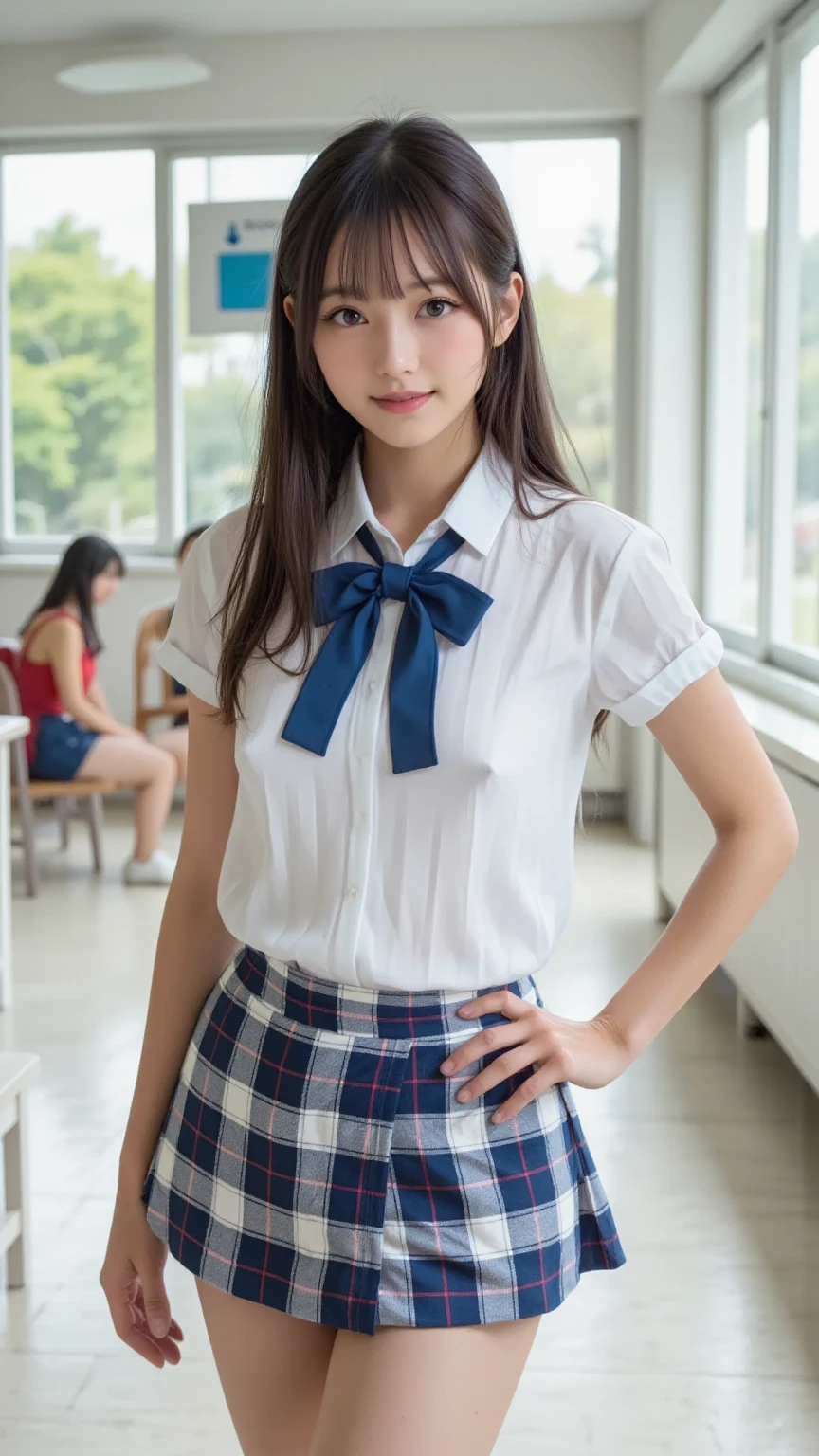 masterpiece, Best Quality, Illustration, Ultra-detailed, finely detail, high resolution, 8K Wallpaper, Perfect dynamic composition, Japanese idol, baby face, Beautiful detailed eyes, black eyes, Women's Fashion Summer, Medium Hair, C cup breasts, natural color lip, Bold sexy poses, Smile, Harajuku, 18 years old girl, Cute, Sexy shot looking at camera, (undressing school uniform, nsfw:1.3), Japanese school uniform, (cowboy shot:1.3), (from above:0.8),