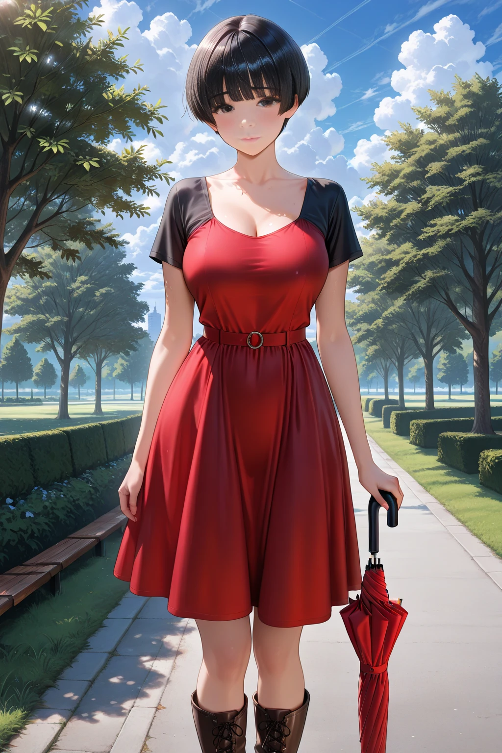 a close up of a woman in a red dress holding a hammer, wearing a red sundress, wearing red dress, redhead girl, wearing a red dress, sexy red dress, red bra, red head, red haired goddess, redhead, red dress, red hot, buxom chested, cleavage, curvy, in a red dress, ( redhead