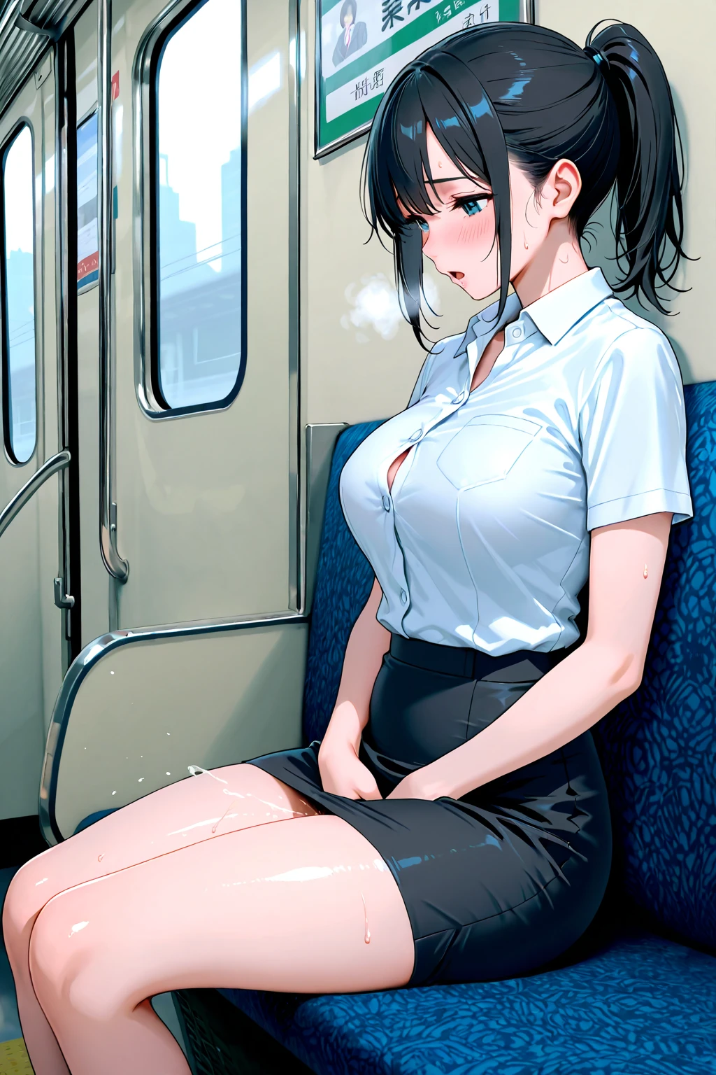 1lady solo, (sitting on train seat), (crossed legs), (stylish outfit), mature female, /(black hair/) bangs, light smile, (masterpiece best quality:1.2) delicate illustration ultra-detailed, large breasts, sweaty BREAK (reading magazine) BREAK (train indoors), window landscape, food, detailed background