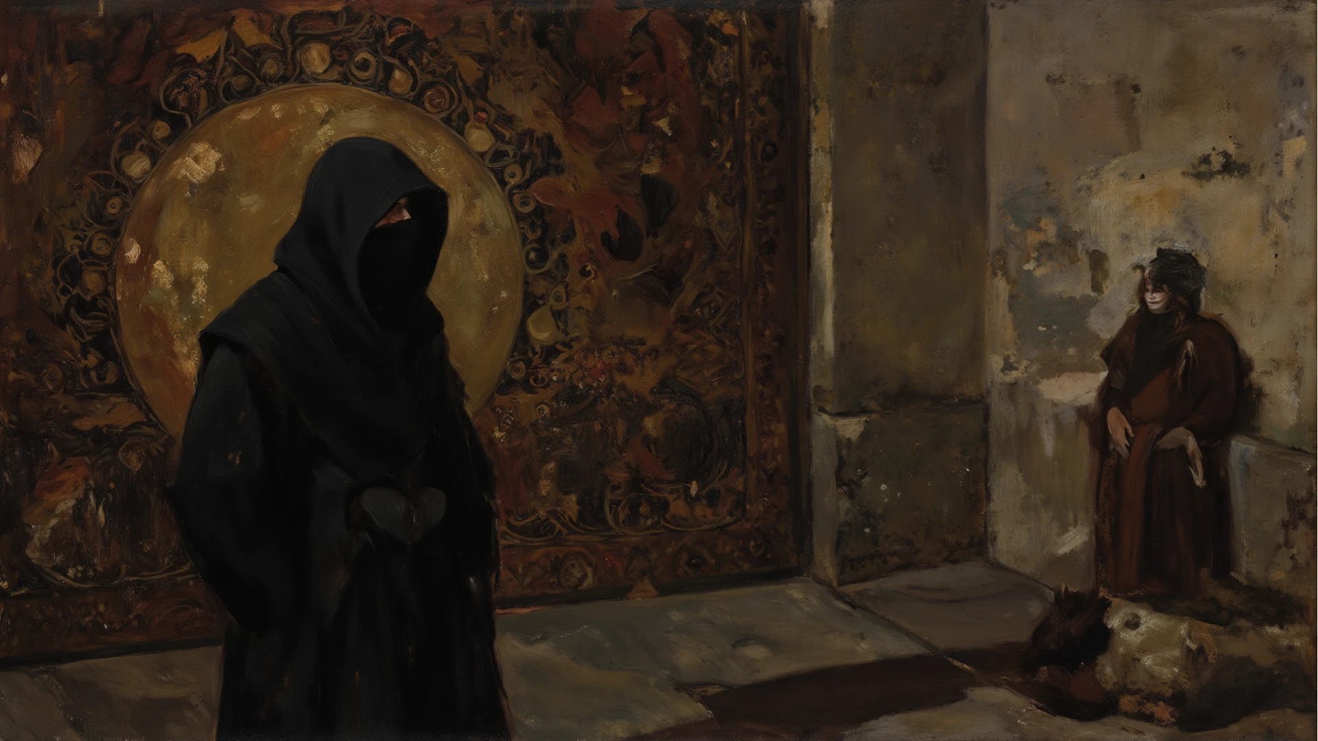Close-up portrait of a young woman with a rebellious and defiant expression. His face is in the foreground, softly and dimly lit, highlighting her light skin. He wears a black hood that covers most of his head., leaving only his mouth and tongue visible. About the hood, A white cross stands out at the top, contrasting with the dark fabric. the woman has her mouth open, showing a wide, provocative smile while sticking her tongue out, creating a bold and defiant effect. The light is subtle, with soft shadows that add a dramatic touch to the face and hood. The style is hyperrealistic, capturing the details of the fabric texture, Shiny teeth and wet tongue,The hood covers his eyes and nose,only the mouth visible