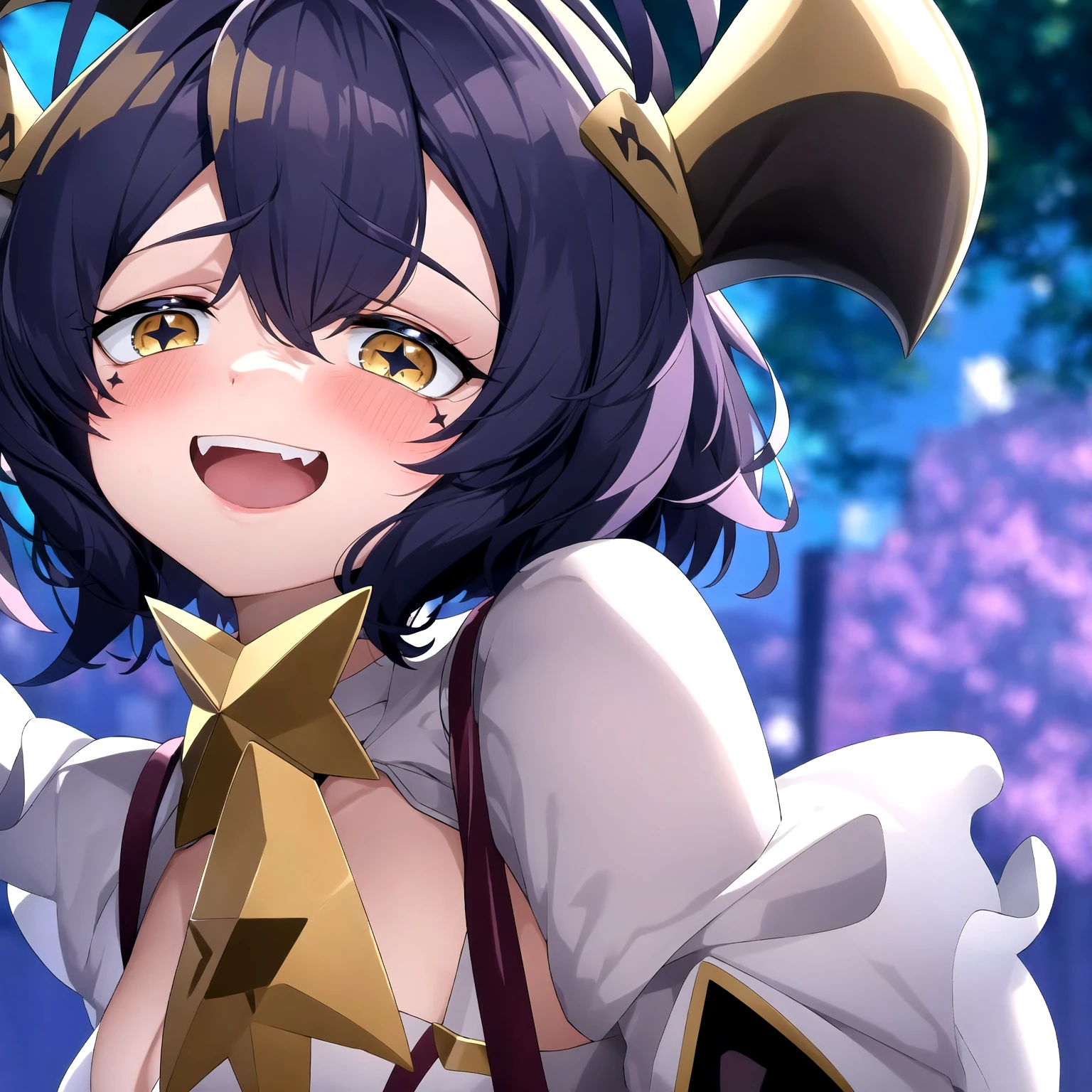 Utena Hiiragi, 1girl, solo, horns, purple hair, blush, short hair, looking at viewer, smile, star (symbol), yellow eyes, ahoge, hair between eyes, antenna hair, bangs, symbol-shaped pupils, star-shaped pupils, closed mouth, solo, upper body, night sky, forest, arms behind head, contrapposto, spread armpits, smile, high quality,