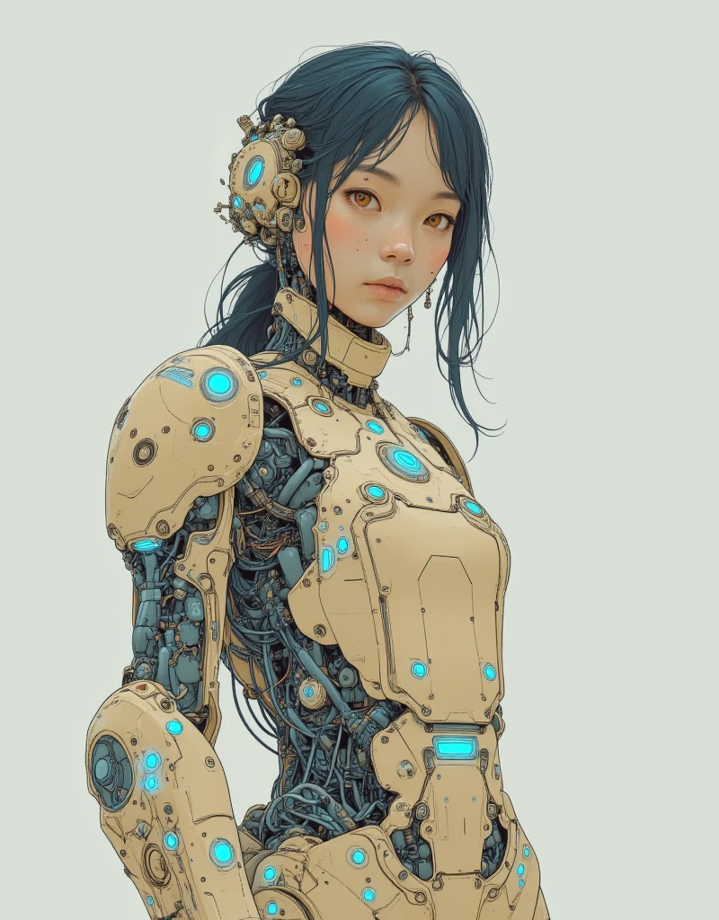 The Style of Kawanabe Kyosai、Character design of a girl wearing a lilac cybernetic exoskeleton、Black Hair、Hime cut、Concept Design Sheet、White background
