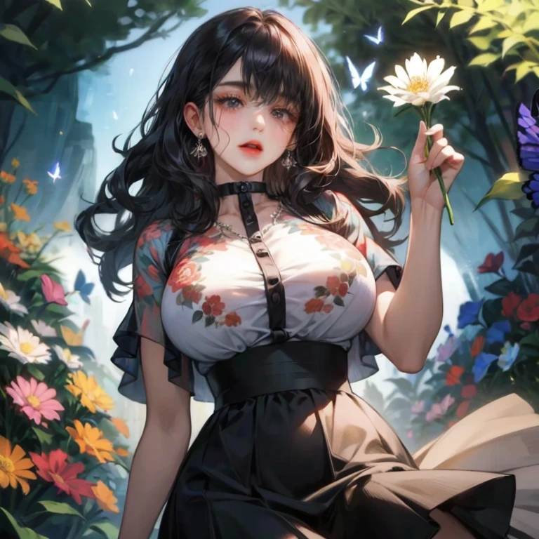 ((Biologically correct limb count))、((Full Body Shot, Full-body photo including face、Head to toe photos))、4K、masterpiece、((Focus on the face))、((Symmetrical facial features))、Eyes of meticulous depiction、Beautiful woman、Excellent style、Beautiful feet、(Black Stockings、High heels with anklets)、Detailed depiction of the face、Small earrings、necklace、((Close-up photo of the upper body))、(Latex shirts、Latex skirt)、Scenery of a park with seasonal flowers in full bloom、Low - Angle、(smile)、((A large number of colorful butterflies fly around))、