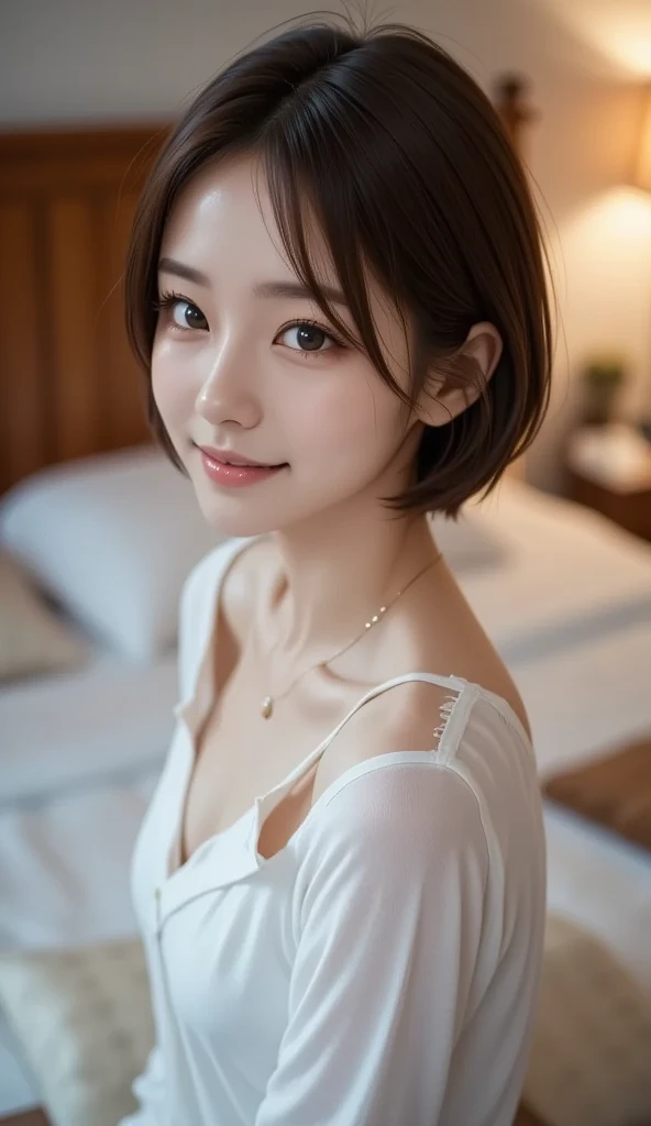 (in 8K, top-quality, a masterpiece of:1.2), (realisitic, Photorealsitic:1.37), ultra-detailliert, small tits、Skinny face、Mature look、de pele branca、Nurse、Suppin、Narrow slit eyes、Small eyes、Small, Narrow eyes、30-years old,独奏,Nasal blush、A smile、a closed mouth、tiny chest、Delicate body、Black eyes、beatiful detailed eyes、Single eyelid、poneyTail、A dark-haired 、short cut hair、fullllbody、Skinny Legs、Manteau blanc、Nurse、see -through、Black underwear、White blouse