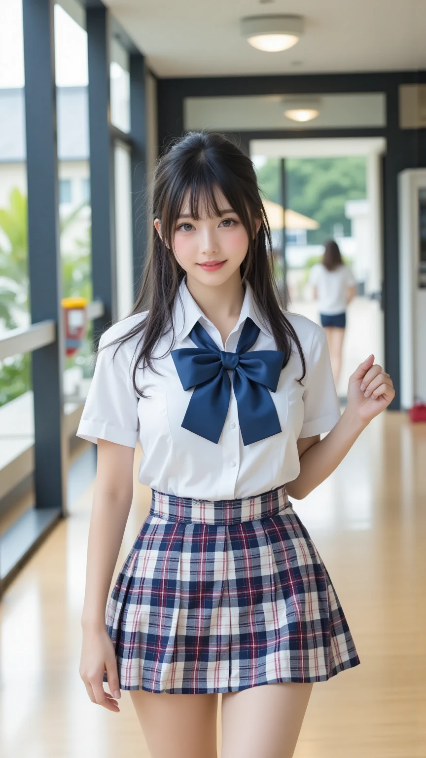 masterpiece, Highest quality, 8K, Young beautiful girl, Baby Face、Clothed Big Tits、((((((10 years old)))))),((Large Breasts:1.3)), photo shoot, Cute face, Embarrassing、smile、 makeup, Ten generations, Detailed face, Long Hair、Black Hair、Narrow waist,((school uniform、White shirt、Checkered mini skirt))、Black knee-high socks