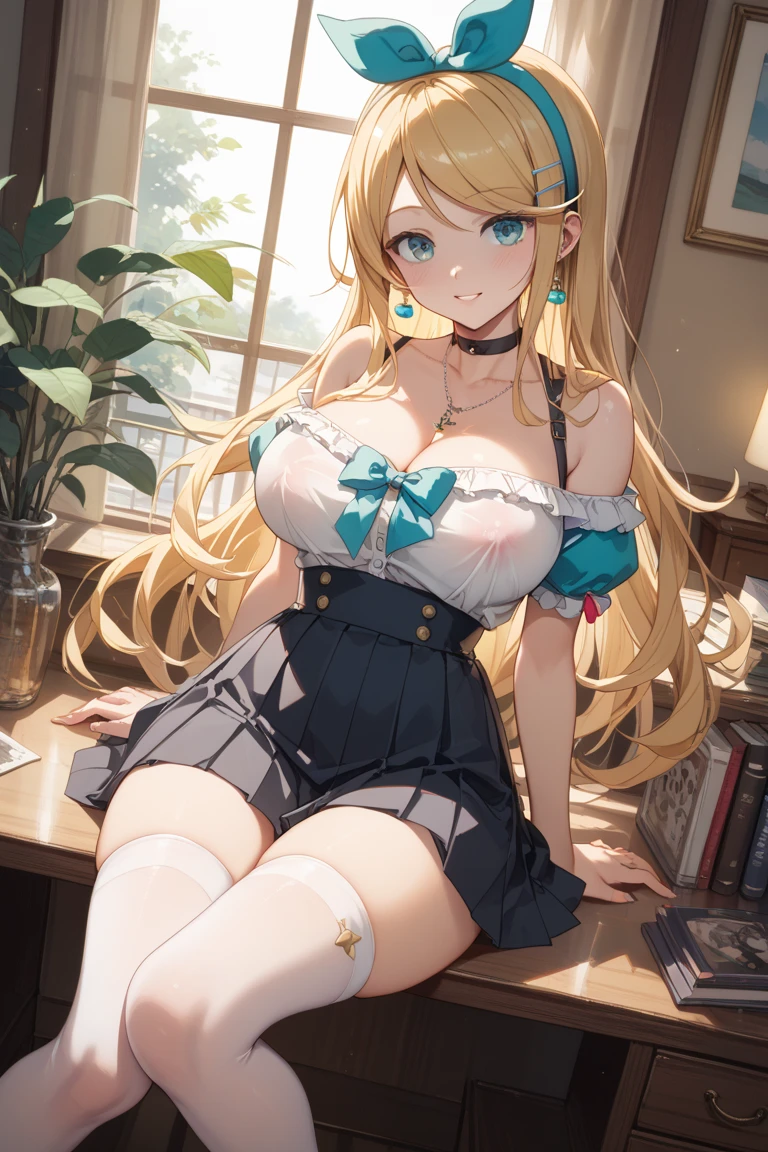 masterpiece, top-quality, 1girl in,Fluffy skirt、Raw feet、atlibrary、big breast beauty、I'm showing my pants、bra very、alice in the wonderland、a blond、a blue dress、a miniskirt