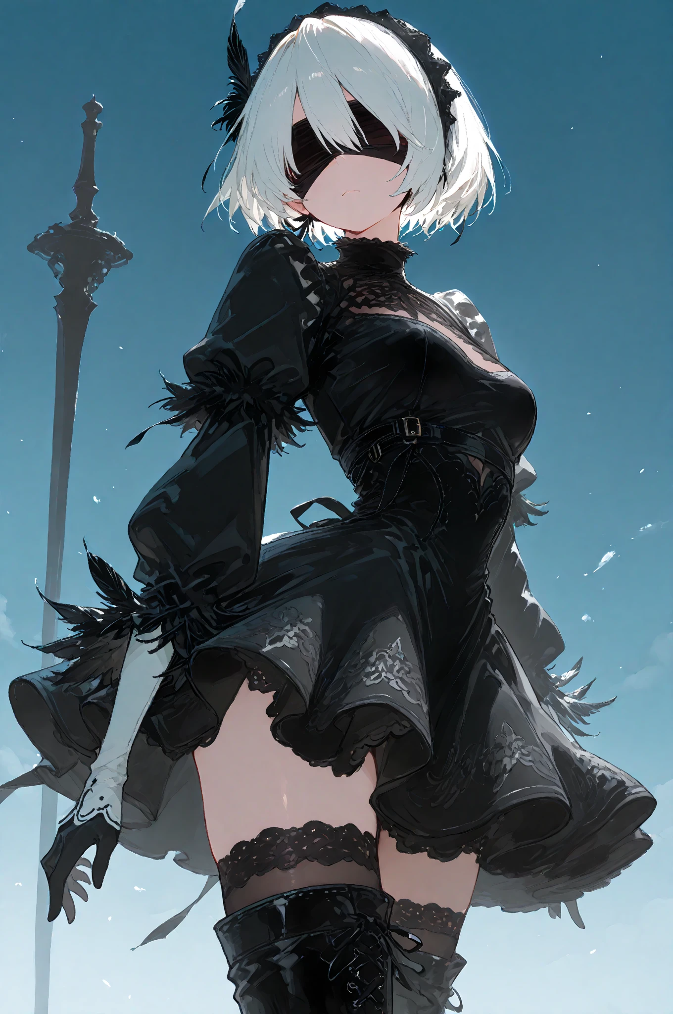 black dress, feather-trimmed sleeves, thigh boots , lace trim, long sleeves, ,2b_outfit, ,砂漠の遠景、生活をする人々、