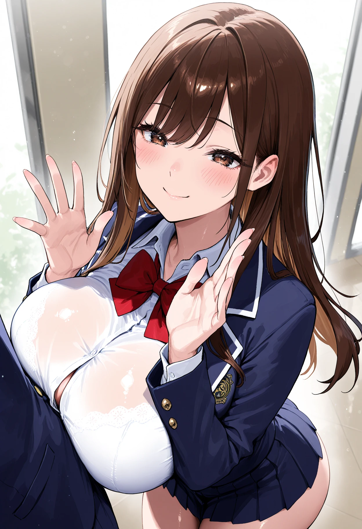1girl in, Brown hair, Blue eyes, Streak hair, Beautiful, 1boy, , Paizuri, POV, In the classroom, School uniform, breasts squeeze together, between breasts, Unbuttoned clothes, cleavage, Visible shaft, Pubic hair, Wet , tusk, Smile, smug, rattle、Breast 、large boob、、