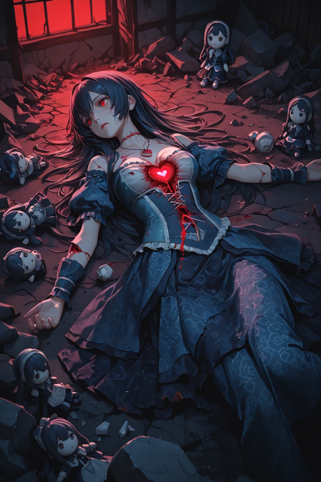 (absurdres,highres,ultra detailed,extremely detailed CG unity 8k wallpaper:1.3),
(((blood stained wall and floor,blood puddle))),
(((desolate alley,stone construction,ruins))), outdoors, (((broken room,cracks,Be scarred by the bullet holes,bullet-pocked))), abandoned hospital,
(detailed hair:1.3), cinematic lighting, clothes reflecting light, girl, solo, BREAK
(torn clothes:1.4), (torn dress,torn skirt:1.3), (torn:1.3),
(((lace panties,white panties,lace-trimmed,frills))), wearing panties, BREAK
(sitting on the floor,leaning back:1.4), (against the wall,broken wall:1.3), (arms at sides:1.3), ((slouching,spread legs)), (after rape:1.3), BREAK
(ryona,injury,grotesque:1.3), (blood on face,blood on body,blood on clothes:1.3),
(bleeding from head,face dripping blood:1.4), A lot of blood is overflowing from her clothes, ((dying,corpse)), (blood:1.3), BREAK
(ro1,brown hair,very long hair,sidelocks,hair between eyes,bangs,hair ornament,hair flower,ahoge:1.3), BREAK
(ro1,lace,black dress,strapless,roses-trimmed,blue rose,layered skirt,black and red skirt,black gloves:1.3), drape skirt, belt, necklace, jewelry, bare shoulders, BREAK
(fishnet thighhighs,black thighhighs,garter straps,wearing black footwear:1.3), shoes, high heels,