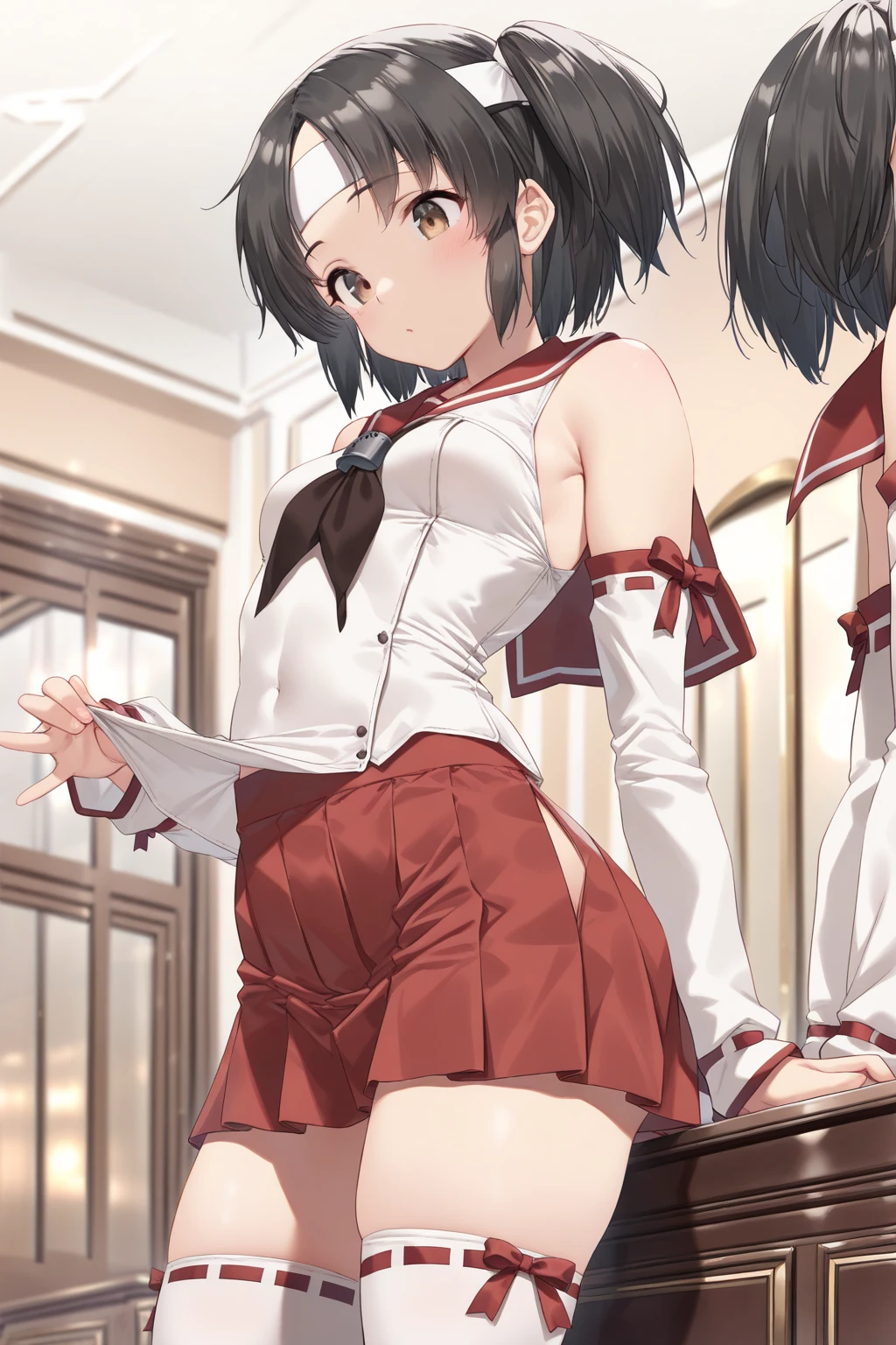 using pantimedies, wavy black hair, piercing look with deep red eyes, average stature, Silky hair with a ponytail hairstyle collected with a red bow with two white lines, with clothes, has a vagina, has breasts, cup of breasts, small breasts, slim, foreground, Session, sitting in her room, standing in his room, wearing pantyhose, using pantimedies, Picardias, short skirt, shoes, blouse with straps, blush, opening her legs making her panties visible, open legs, perfect white panty, Skirt fluttering in the wind, grabbing the skirt with both hands, from below, chubby thighs, big thighs, big ass