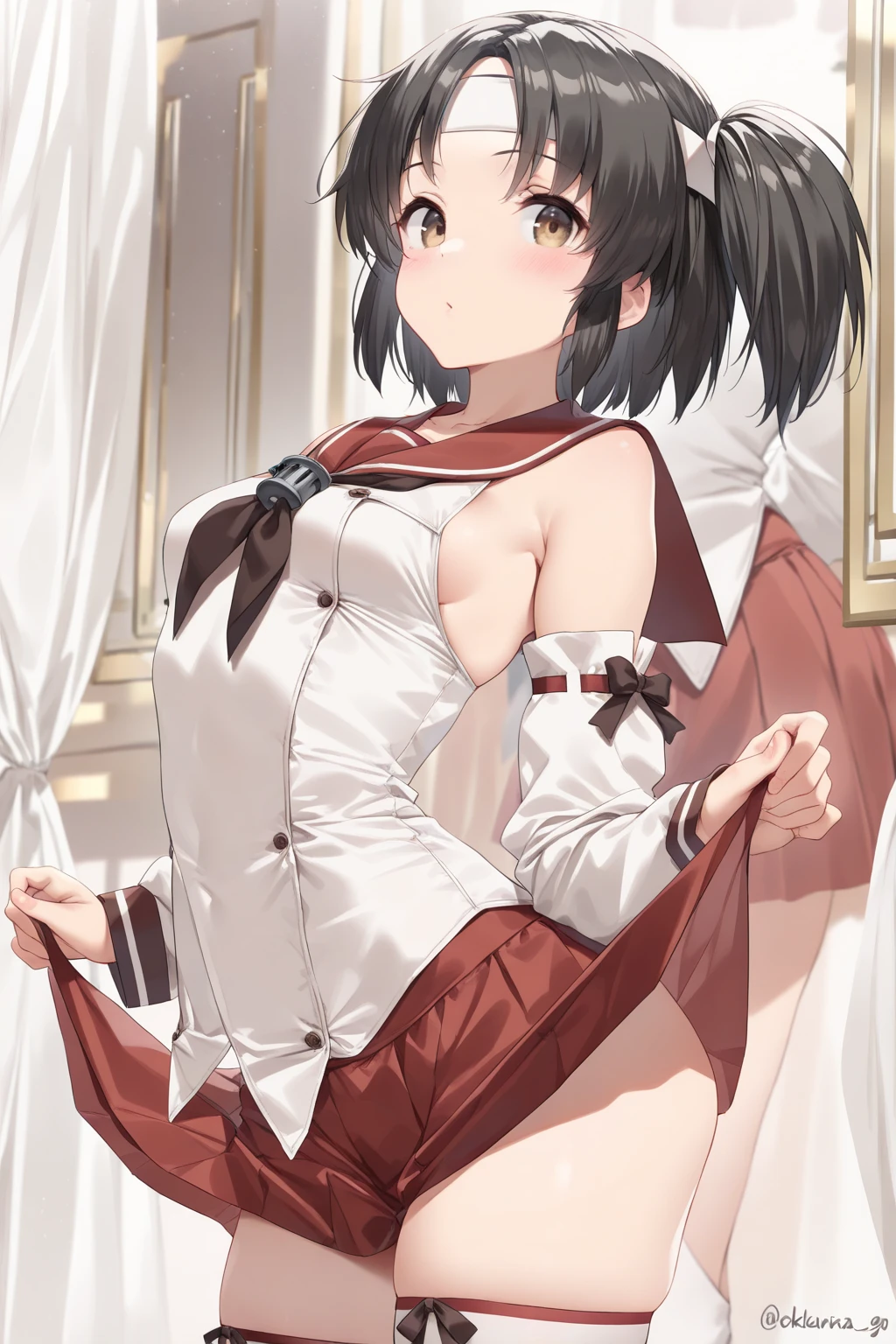 [[anime styled]],[[digitalart]],masterpiece,best quality,high resolution,Tomomi_Xijing,black hair,Short hair,Hair Ribbon,red eyes,midium build,(red ,winter clothes,long sleeves,long skirt),NSFW,1girl in,独奏,((sitting on the chair,reclining)),(Portrait),pussy focus,from below,(short torso),Perfect Lighting,(skirt lift,up skirt),show off panites,((lite blue striped panties)),smile,blush,(underwear:1.2), (strong light),((brighten the subject)),spread legs, break background classroom,