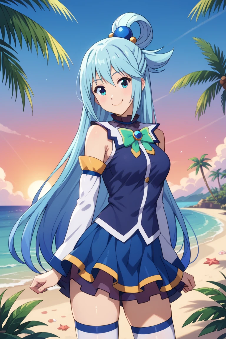 Best Image Quality, 8 k, high quality, masterpiece:1.2), ((masterpiece)), (high detail, high quality, Best Image Quality), solo, 1 girl, Konosuba ,aqua, detailed face, A smirk on his face, looks at the viewer, detailed clothing, detailed fabric, Hair rings, bikini, былые bikini, thong, bare shoulders, bare hands, bare thighs, big breasts, middle thighs, beach, Sea, beachный зонтик, hands to the sides