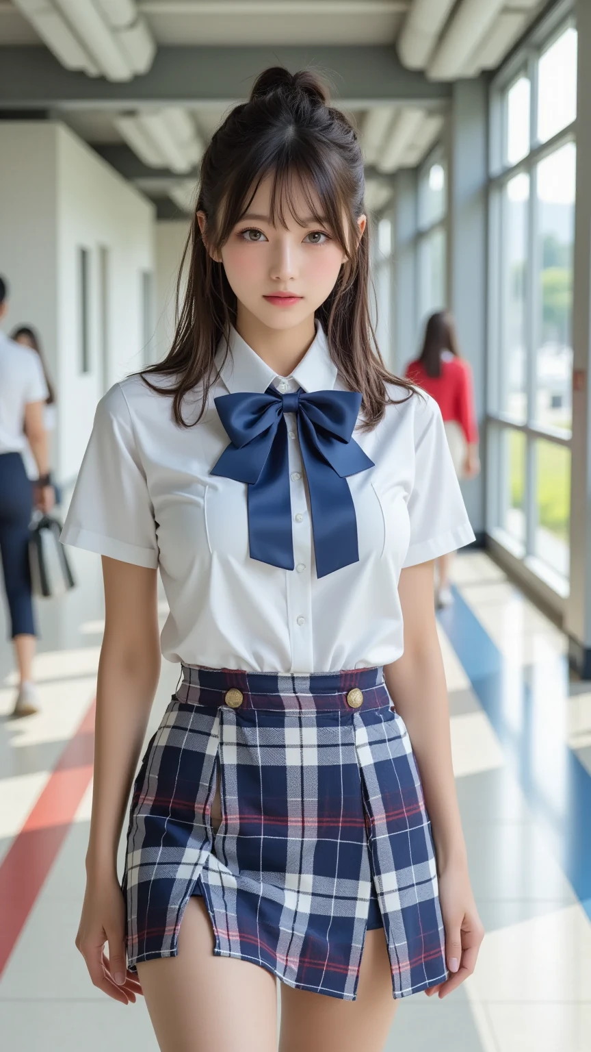 （in 8K、Raw photography、top-quality、​masterpiece：1.2),watching at viewers,Looking at the front,Tie a side ponytail、Hang your hair on your chest.,Bullish,Muchimuchi,Erotic,Pupils,Light Blue Bra,de pele branca,kne,absurderes,a small face,small tits,flat breast,Parting the bangs from the middle、Forehead visible,(a smile,Tight eyes,skinny,Rasping)、​masterpiece,top-quality、超A high resolution,Raw photo,ren,Beautiful fece,One Person, 独奏,eye glass,,Dark look,Small breasts,fullllbody,Round glasses、cute little、Back to Student,JK school uniform,hi-school girl,A Japanese Lady,is standing,（Photorealsitic：1.37）、Photon mapping,Realistic、Cute little face,Brown-eyed、Black socks、(Red bow tie)、Radio City、Physically Based Rendering、Foreground、depth of fields、Blurry background、a picture,The girls、Body,beauty legs, Long legs, Thin leg,Tie your hair into one strand on your chest,(Bangs are visible), hair, s lips, Blue_The eye, nosesoft,(Light blue shirt), (plaid pleated skirt), Knees are visible,Sheer clothing,, Thigh, Black cotton socks,Nogizaka Idol, 女優, Japanese ido