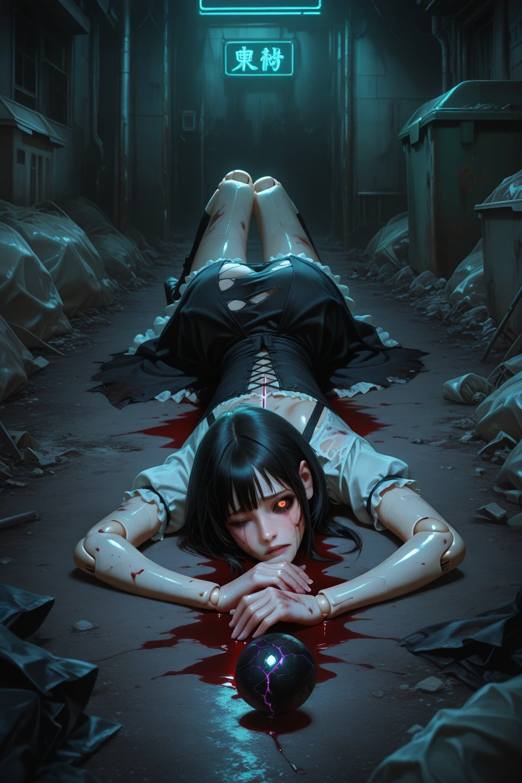 Girl dead on the ground, acidente poste caiu sobre, escola, a lot of blood on the floor, dark, noite, estilo jogo de terror, View from above, 8k, maximum detailed, alta qualidade