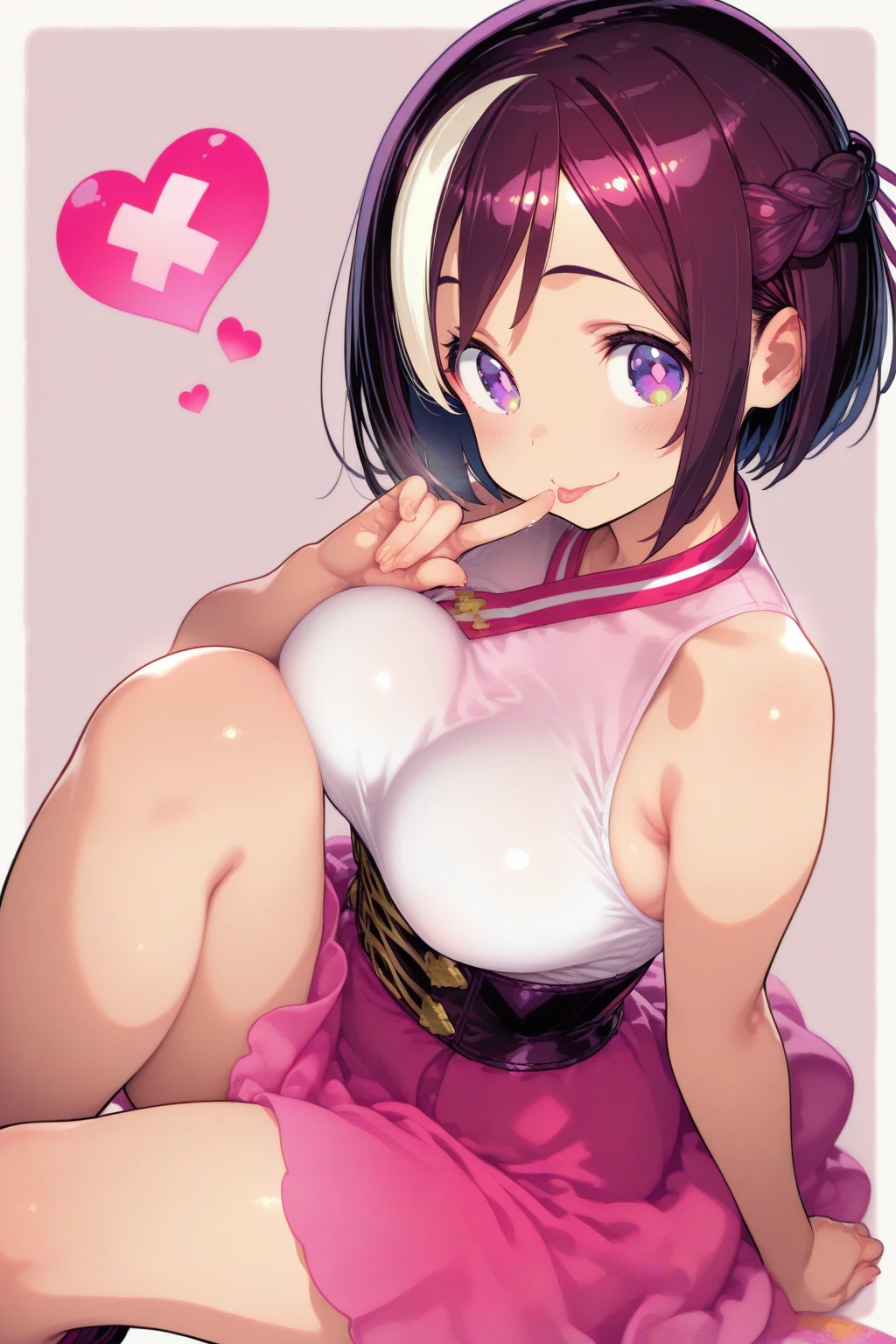 Komi Shuuko,(A white border around a red rectangular background:2.5),head looking up,Back view,Squats,Expose the back,ahegao face,D-cups,whitesweater,High detail,Moles under eyes, Heart-shaped pupils,Love pupils,cropped shoulders,Lots of hearts,Fleshy thighs,highly rendered,detailed face with