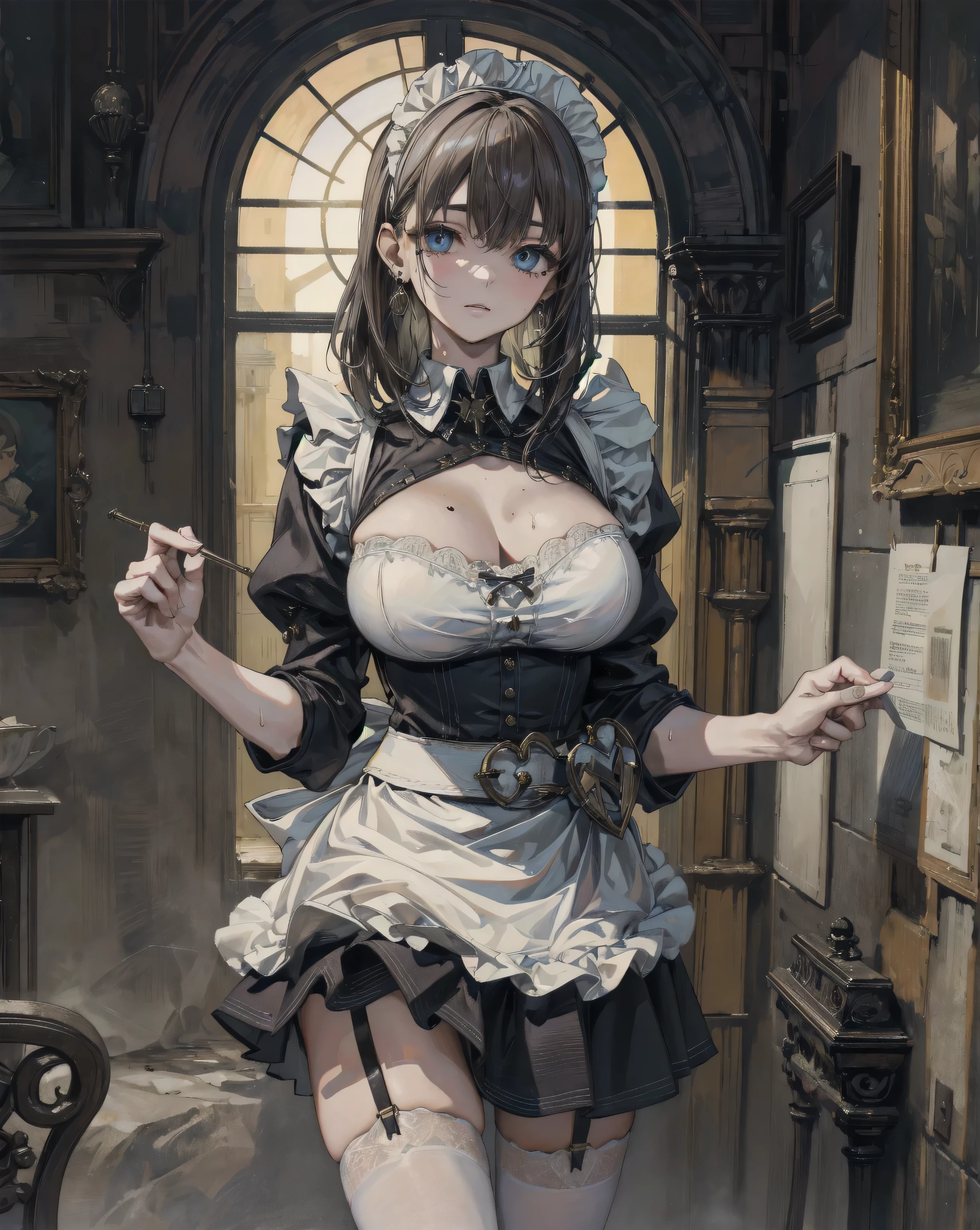 (1girl, yuri alpha:1.0), (anime overlord), (solo:1.4), (Maid_Dress), (64k, UHD, Raw photo, highes, Best Quality, mastepiece:2.0), (Ultra-fine depiction of details:3.0), (a serious, loyal, hard-working maid head, the vice-captain of the "Pleiades Six Stars", the battle maid squad of the Great Tomb of Nazarick), (a beautiful woman with an intelligent look), black hair, (elegant, vivid blue bowtie, ribbon:1.3), (green wristband), (She is equipped with highly elaborately designed, dark emerald green spiky gauntlets:1.5), (perfect face, perfect body, perfect figure, pink lips, slight blush), (cool, intellectual glasses), (slightly glowing blue eyes:1.3), (shiny sleek long hair, single hair bun, single braid bun, double bun), (silky, high-quality, majestic, gothic, ((low-key)), simple, maid dress:1.0), (vivid blue gothic style choker:1.3), (pure white maid apron:1.2), (gigantic breasts, almost brimming out of maid dress:1.2), (sexy cleavage:1.1), inhouse, studying the orders issued by the master of [the Great Tomb of Nazarick, Ainz Ooal Gown], the room is filled with solemn atmosphere, (long shot, full body shot), (perfect lighting,)