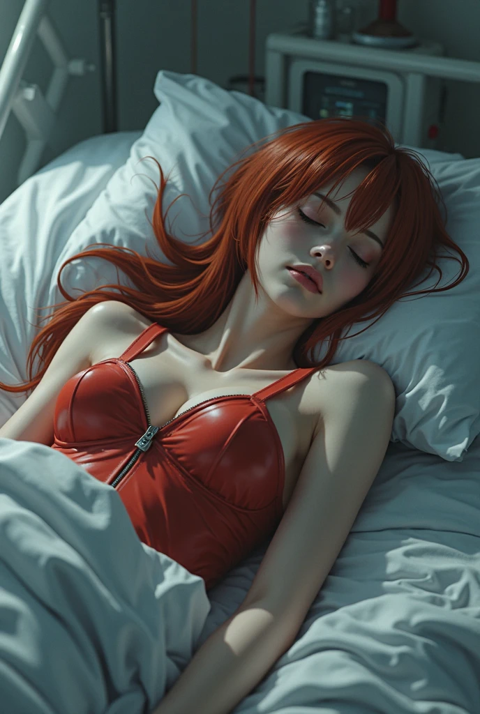 bust botox, sleeping beauty lying on her back, wet skin and hair, hard breasts, redhead, red hair, freckles, long straight hair, looking at viewer, (white shirt, bare lower body, torn, middle chest torn shirt, no panties, European youth, perfect body, open (perfect body, small ke), fashion photorealism, high definition sysie details, photography, sharpness, unique 850 4, koda850 k portrait camera, f1.6 lens, rich color, hyperrealistic texture, spectacular light texture, surreal art, Cinestil 800 fashion mechanism,