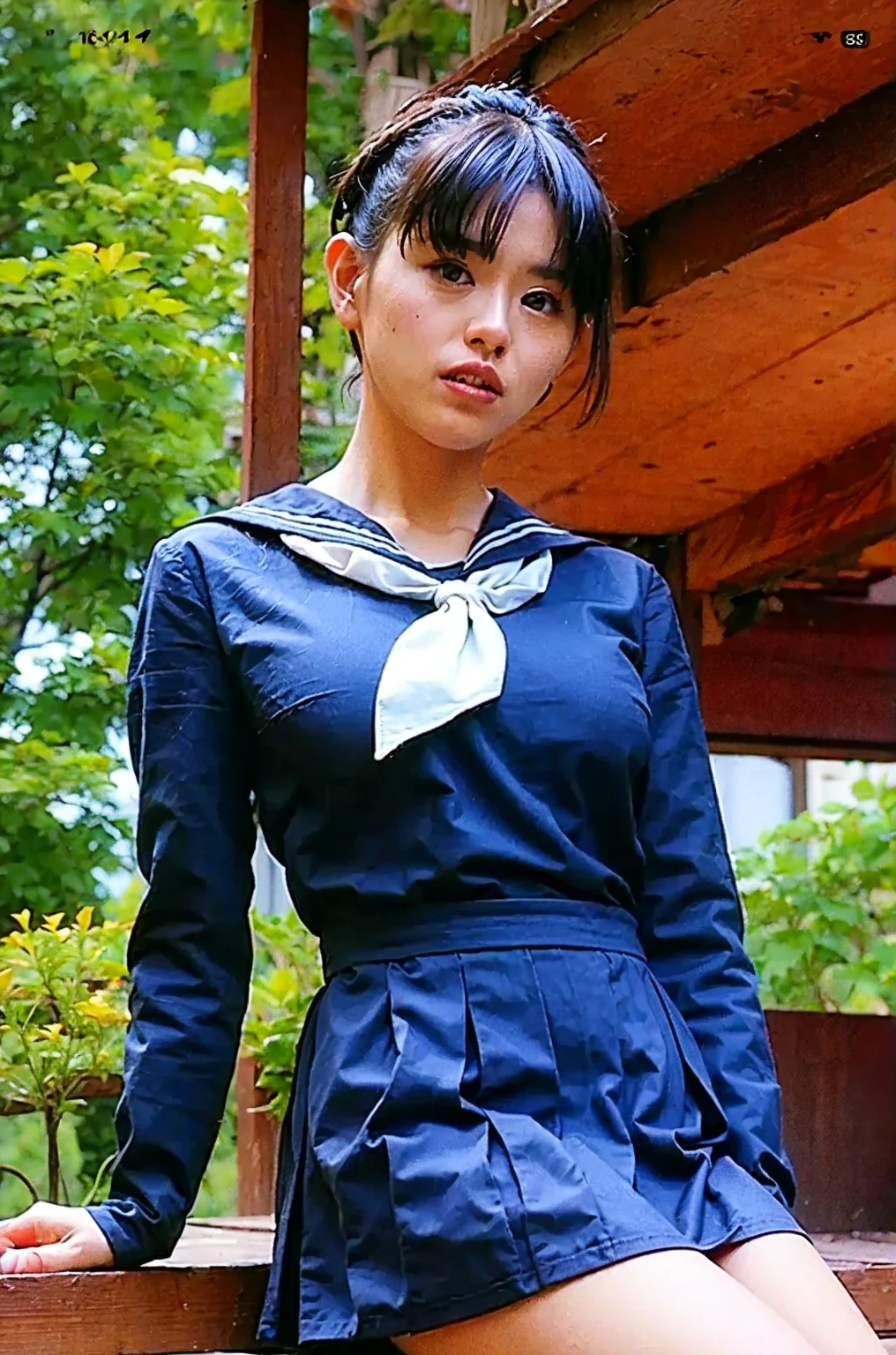 Upper body of a Gorgeous woman, twenty five years old, Japanese, happy, wearing Serafuku uniform, holding a Katana sword, black background 