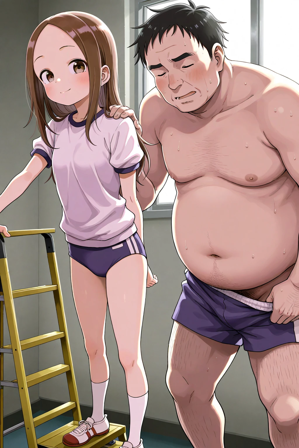 1girl, 10yearold asian slut is wearing a slutty slingshot_bikini on a boardwalk, she is having sex with a ugly 88yearold grandpa. porn. 1old man, nsfw, old_dick