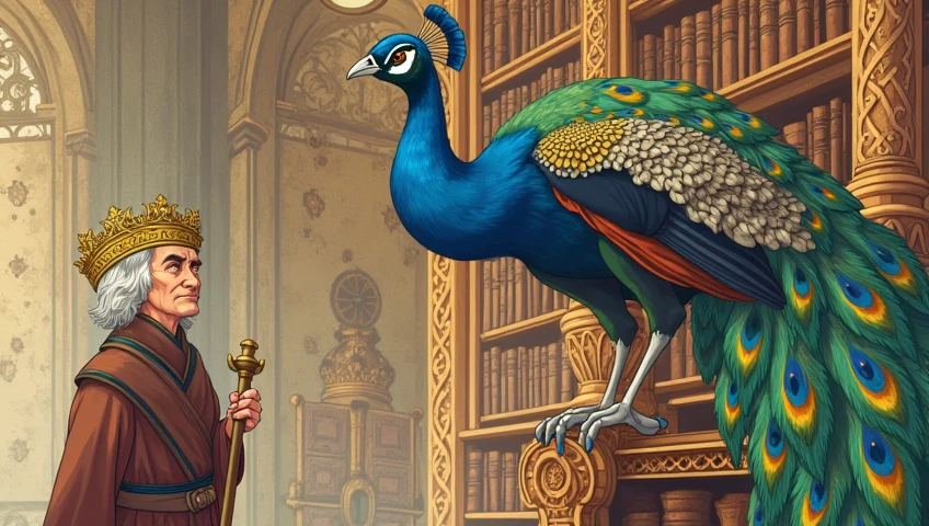 Anthropomorphic blue bird, large yellow and orange beak, wearing a red robe, Grinning, gazing at viewer, sitting on an antique sofa, reading a book, sala steampunk