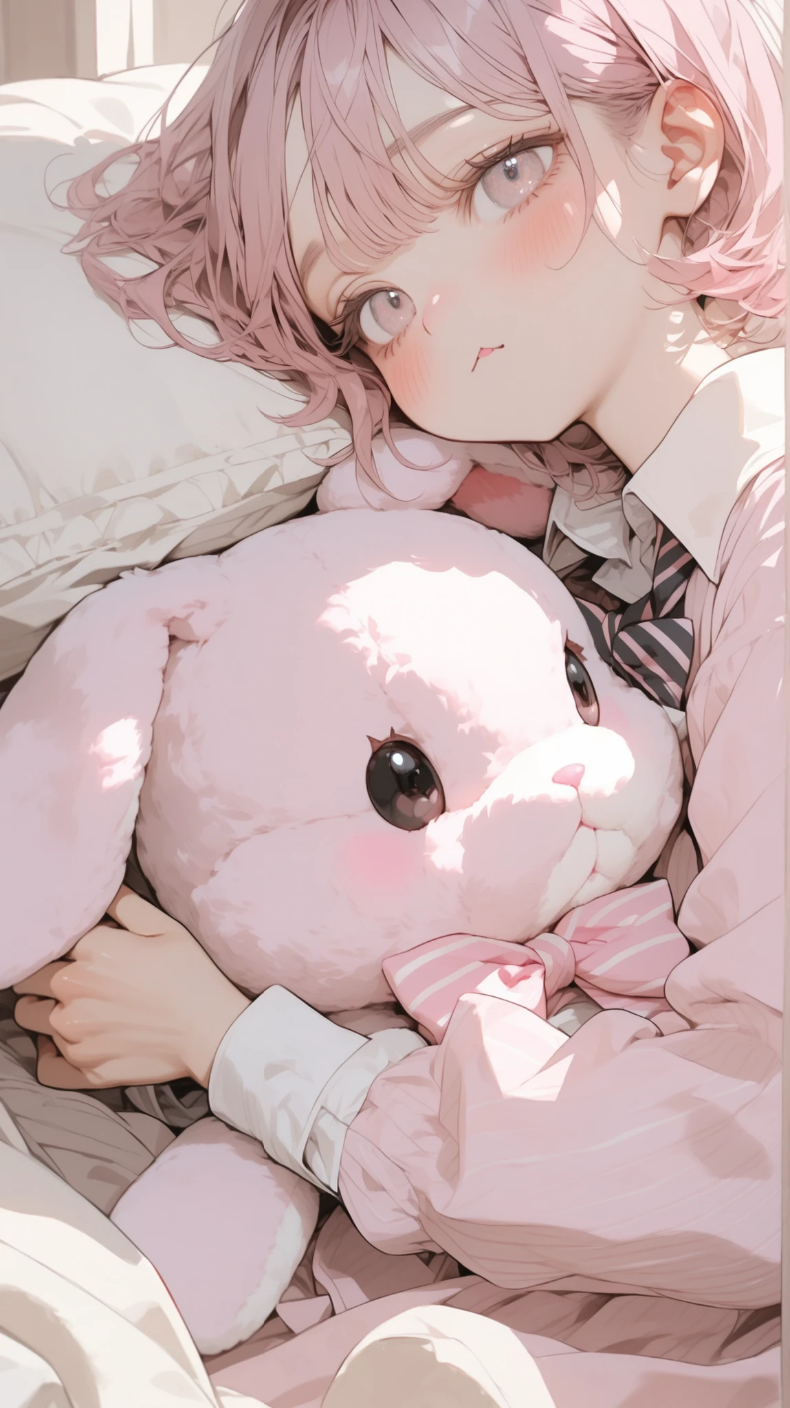 A person, likely a young man indicated by the short hair, is lying down while holding a plush pink rabbit. The scene conveys a sense of comfort and ease, as the individual's hands gently clasp the stuffed toy. The rabbit is large, with pronounced features such as big, black, shiny eyes, a small triangular nose, and pink blush details on its cheeks, which add to its cute and endearing appearance. It sports a pink bow tie around its neck, enhancing its playful and charming look. The individual is wearing a white dress shirt with a dark tie adorned with diagonal stripes, suggesting a neat and orderly style. The background features soft, muted hues that complement the serene and gentle mood of the composition. The color palette is predominantly soft pinks and whites, creating an atmosphere of warmth and tranquility.