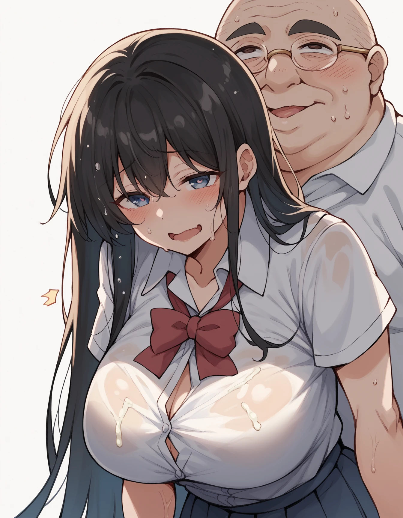 Hot sexy beautiful milf intimately sex  with ugly bald old man in dirty dangle position, chandelier earrings,big breasts,  lipstick,makeup,black hair,long hair,blush,black eyes,1 girl,1 boy, necklace ,cross hair between eyes, single braid with blue ribbon ,ahego face,naked, nipple piercings, sweating ,