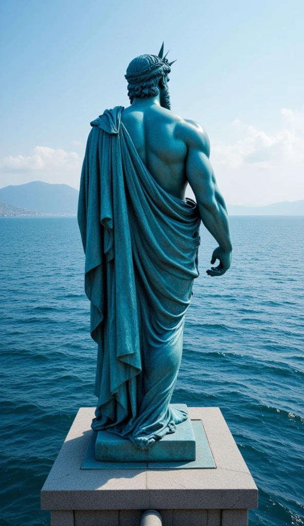 A realistic full-length Greek white marble statue of Marcus Aurelius the roman emperor, one statue only, wearing a ghostly tunic, very neutral background, Moody, photorealistic, cinematographic scene, super detailed, hyper realistic, bright lights, underwater scene, bottom of the ocean, weak flashes of light cross the water, blue color grade, blue color correction, low background luminosity, MASTERPIECE, STATE-OF-THE-ART, BEST QUALITY, 8K