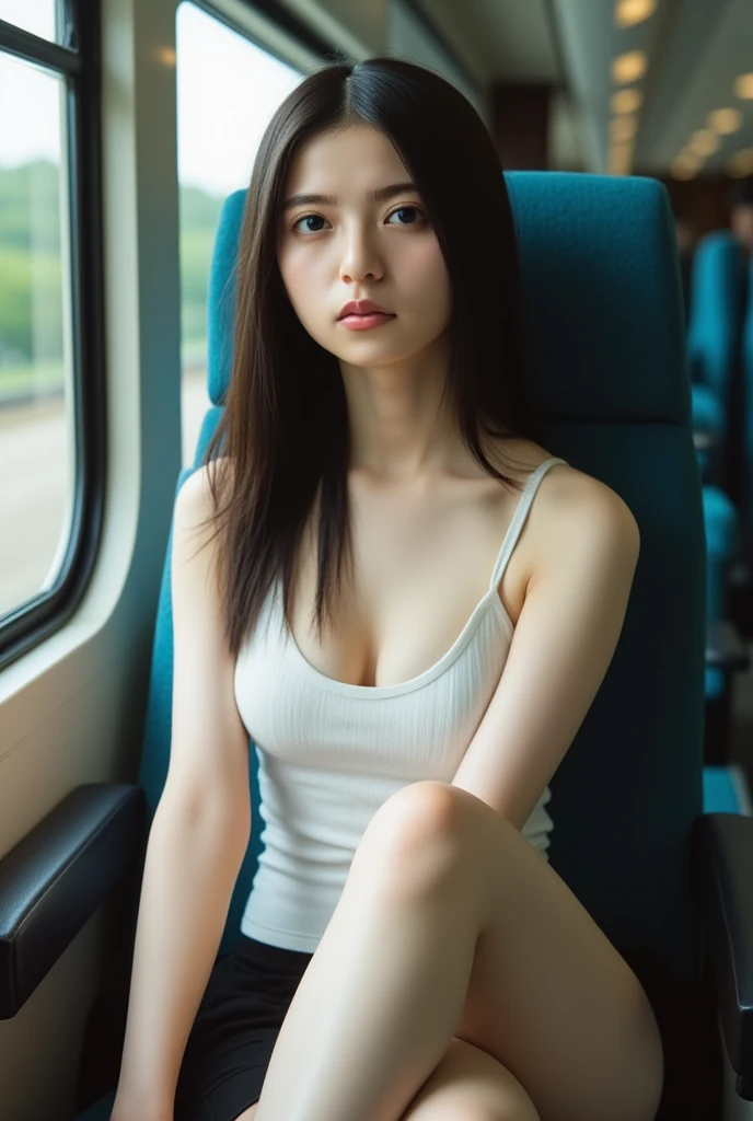 (bottomless :1.8),(nude :1.3)"(masterpiece, High resolution, Ultra High resolution, 4K) Black Hair, 14 year old Japanese girl, Uniform skirt, Accentuate your thighs, White thighs, Soft thighs, Shiny thighs, Sitting on a train, Facing angle, (Angle from below),sitting in a train seat,Sit in front,Zoom camera on crotch,Put your feet on the train floor,whole body,Looking down and sleepy,Watch only viewers", highest quality, 超High resolution, (Realistic:1.4),, High resolution, detailed, RAW Photos, sharp, Nikon D850 film stock photo by Lee Jefferies 4 Kodak Portra 400 camera F1.6 Lenses、Rich colors、Ultra-realistic and lifelike textures、Dramatic lighting、Unreal Engine、Art Station Trends、Cinestar 800,