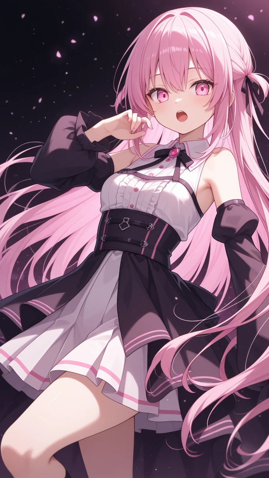 Pink double ponytail,Hair curtains。long whitr hair,Pink eyes,White off-the-shoulder cover neck short sleeves,black short skirt,Black stocking pantyhose,chiquita,Bad girl,,huge tit,cyber punk perssonage,In the classroom,Bandages wrapped around hands
