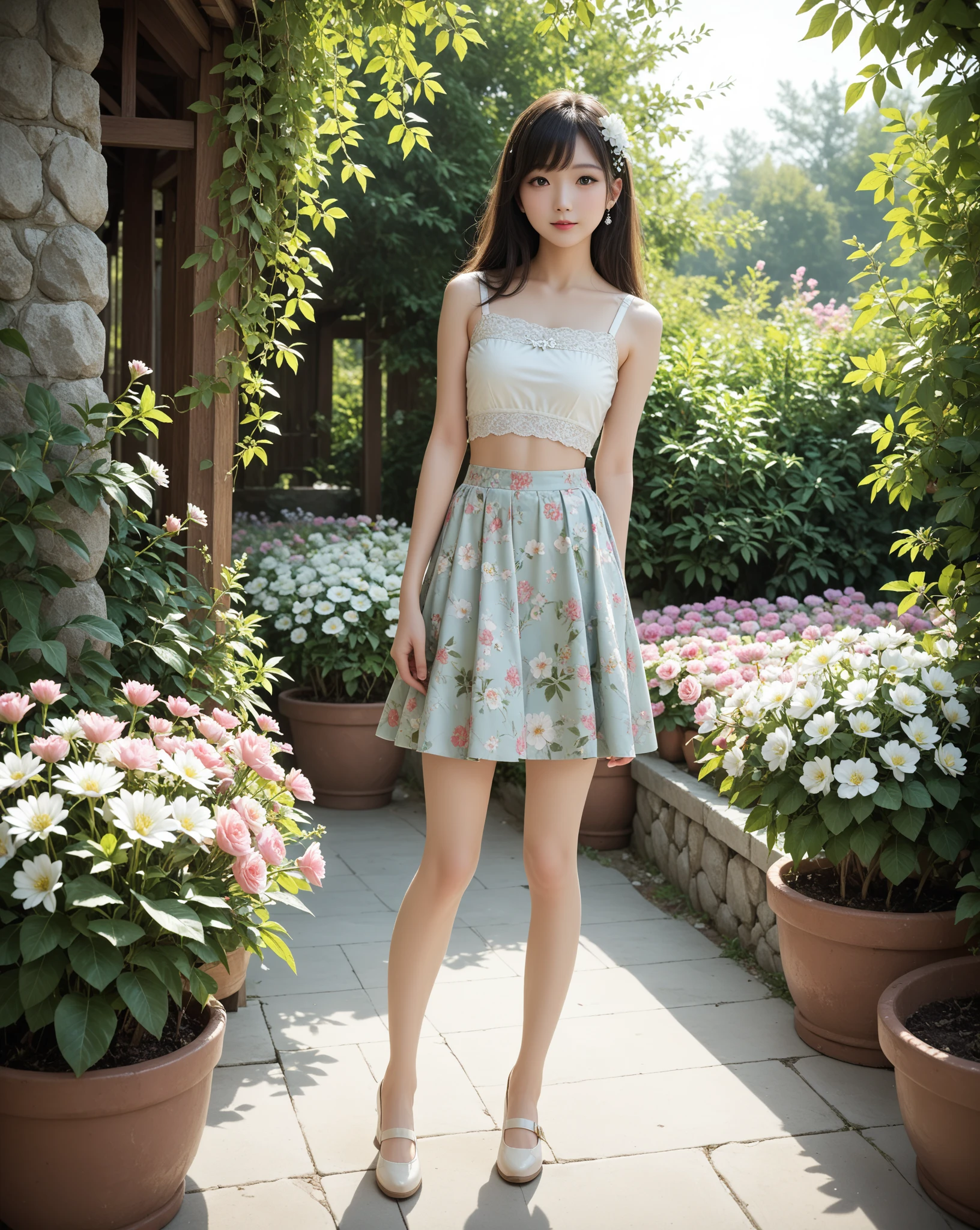 (8k, RAW photo, best quality, masterpiece:1.3), (realistic, photo-realistic:1.3), 1girl, (cute:1.3), (small breasts:1.3), (sunlight), (sunshine), shade, (looking at the viewer:1.3), short hair, (earring), closed mouth, ulzzang-6500-v1.1:0.5 <lora:koreanDollLikeness_v10:0.25>, green Wool skirt