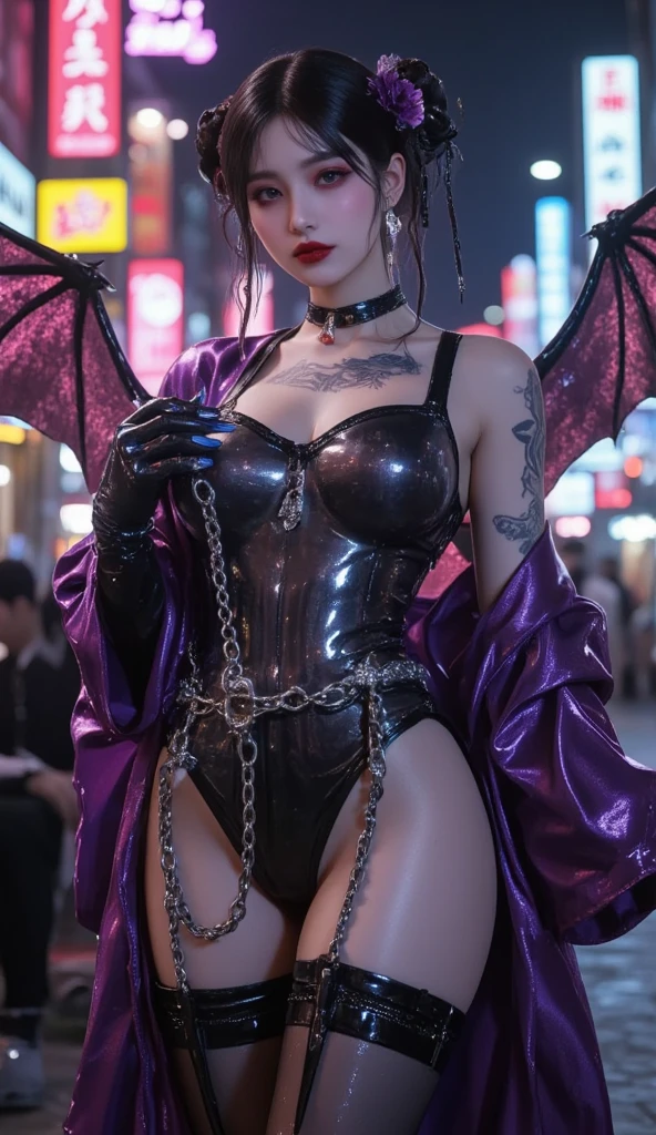 （Dark night，Bedrooms：1. Mature female purple-black hair,A pair of dragon horns，A pair of huge dragon wings，Flirtatious，Kneeling pose）， tmasterpiece， best qualtiy， RAW photogr， realisticlying， Incredibly Ridiculous res，， ear studs， (Long flowing purple hair)，eye shadows，Bracelet，head chain，(A wide variety of intricate jewelry)，eardrop，foot ring，Black Lolita dress long dress，（Black suspender stockings+），high-heels，depth of fields， A high resolution， ultra - detailed， filigree， RAWE is very detailed， very detailed eyes and faces， Sharp pupils， realistic pupil， tack sharp focus， cinmatic lighting，full bodyesbian，Bigboobs，long leges，From the front side，banquet，dynamicposes，Normal posture，closeup of face