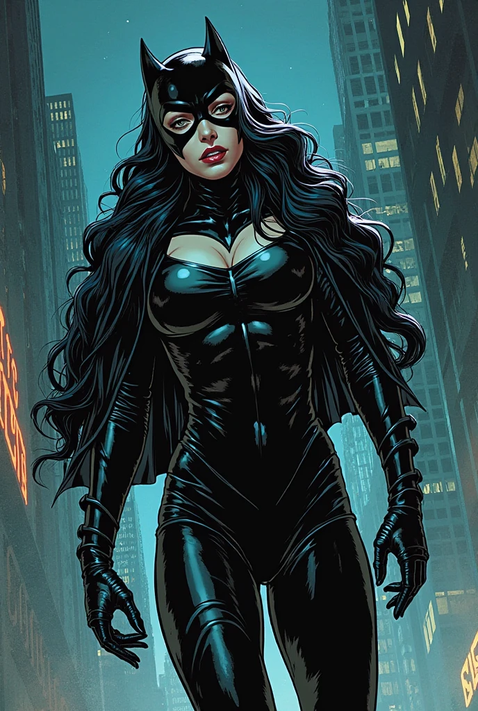 comic books, Marvel comics, women, fair pale skin, green eyes , black hair hasta los hombros, long eyeslashes, black and yellow skintight costume, knee high black boots, mask atoud eyes, eyeliner, black pruple lips, black hair, Gothic, black hair, FOR THE BLACK, pallor