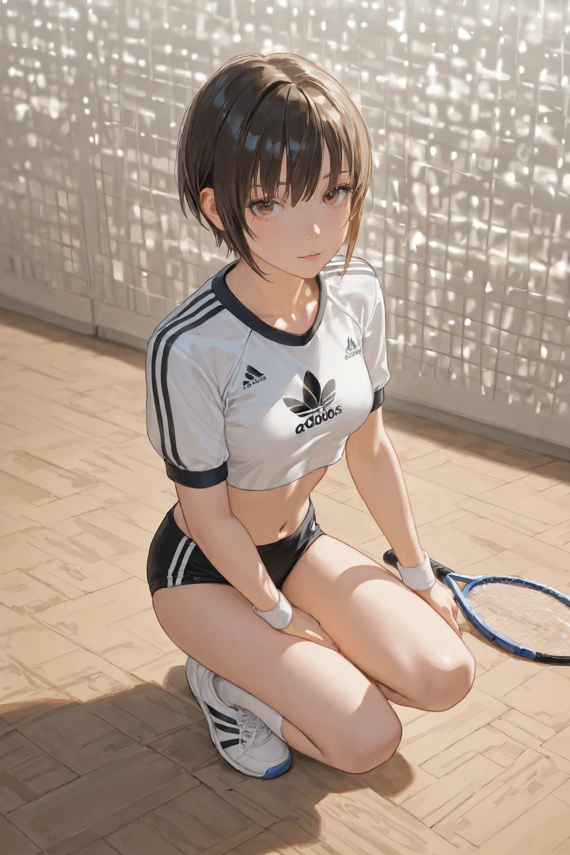 1girll, 独奏, White polo shirt, White sneakers, tennis wear, white mini-skirt, tmasterpiece, Best quality at best, realisticlying, ultra - detailed, (shiny skins, perspired:1.4), absurderes, looking at viewert, with short black hair, with brown eye,slenderness,opening legs，Dynamic light and shadow,A high resolution,Sharp focus,depth of fields,The eyes are delicate,Sharp pupils,pupil realistic,(smallunderboob:1.6),(Thigh thick:1.0),exteriors,Skysky