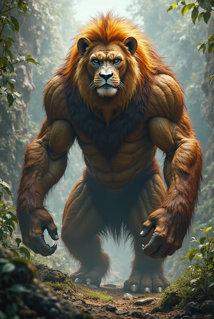 fking_scifi_v2, werecreature, lion, large head, (orange eyes), in a forest, 80mm, f/1.8