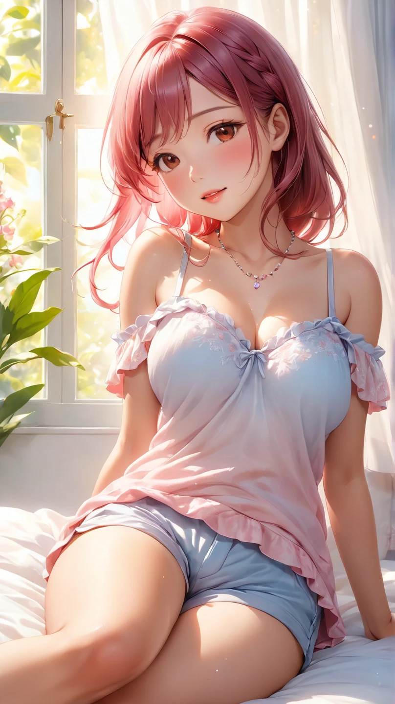 (Masterpiece, BestQuality:1.3), (ultra detailed:1.2), (hyperrealistic:1.3), (RAW photo:1.2), High detail RAW color photo, professional photograph, (Photorealistic:1.4), (realistic:1.4), professional lighting, perfect anatomy, (Pink Hair, Big Breasts, (The underboob is visible:1.3):1.2), (blush, detailed face), (cheerful Smile:1.5), Trending Hair&Trending Hairカラーをランダムに, earrings, necklace, bracelet, sexly, erotic sexly, Random sexy gravure poses, (Sexy beauty in pastel blue lingerie smiling while relaxing on bed in bedroom。Her hair is tied up。Luxury hotel bedroom in the background。Night view。: 1.3)