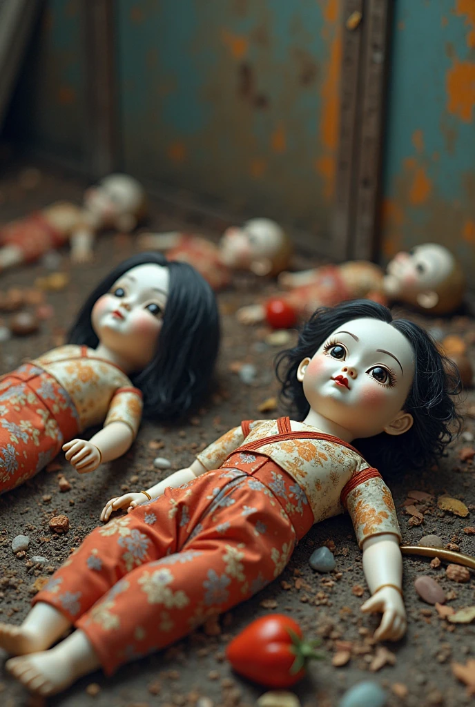 A dark and dilapidated Japanese-style room、Lots of Japanese dolls、Blood pool、blood droplets、Swirl、Octopus tentacles、darkness、Painting:Junji Ito