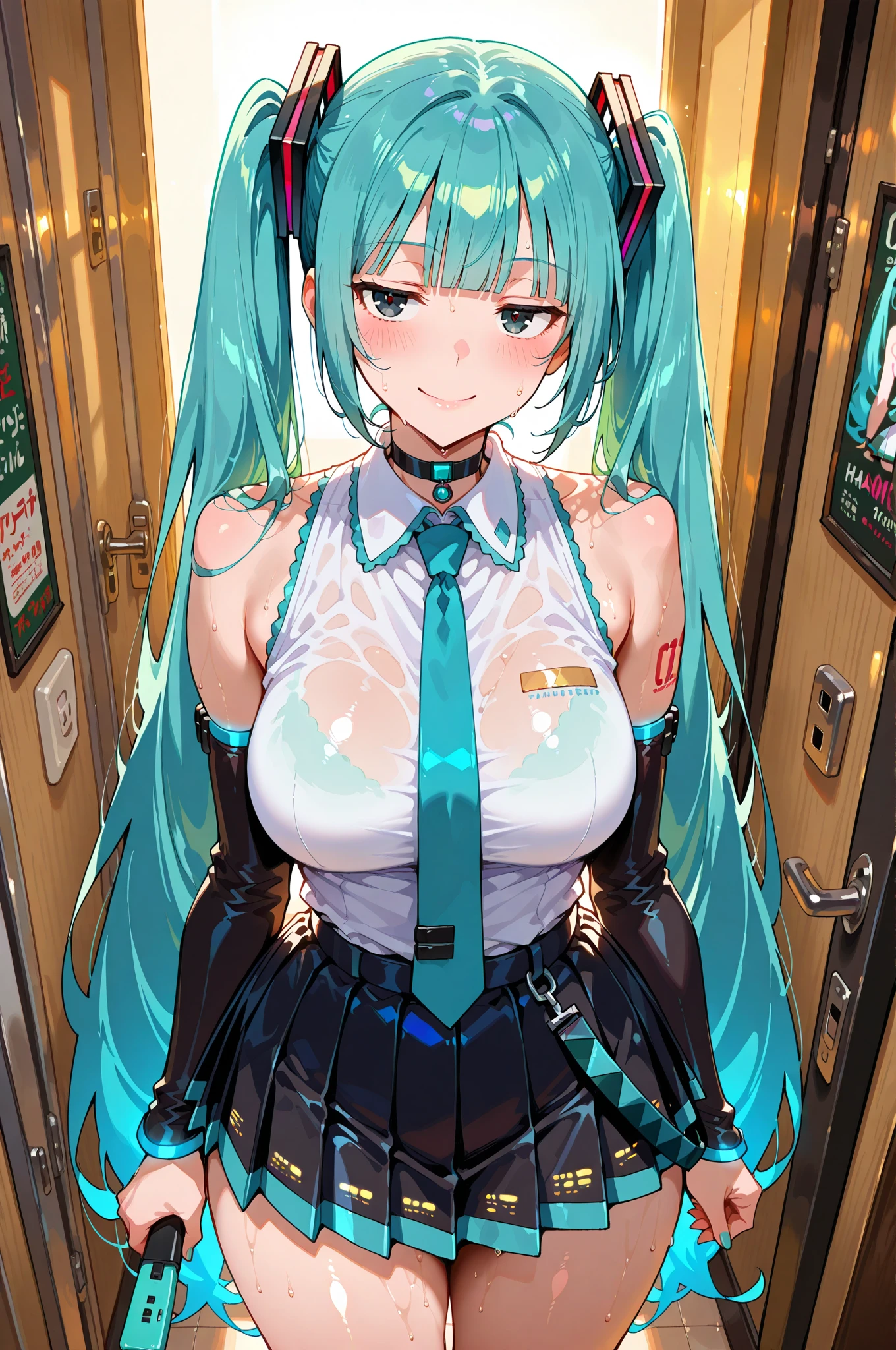 ((((masterpiece, best detail, best quality, official art, 8K, high-resolution, illustration)))), Highquality image of Hatsune Miku, Twin Tail, light Blue Eye, light Blue Hair, Race Queen, Motorsports, big breasts, mini skirt, black stockings, adult costume,
