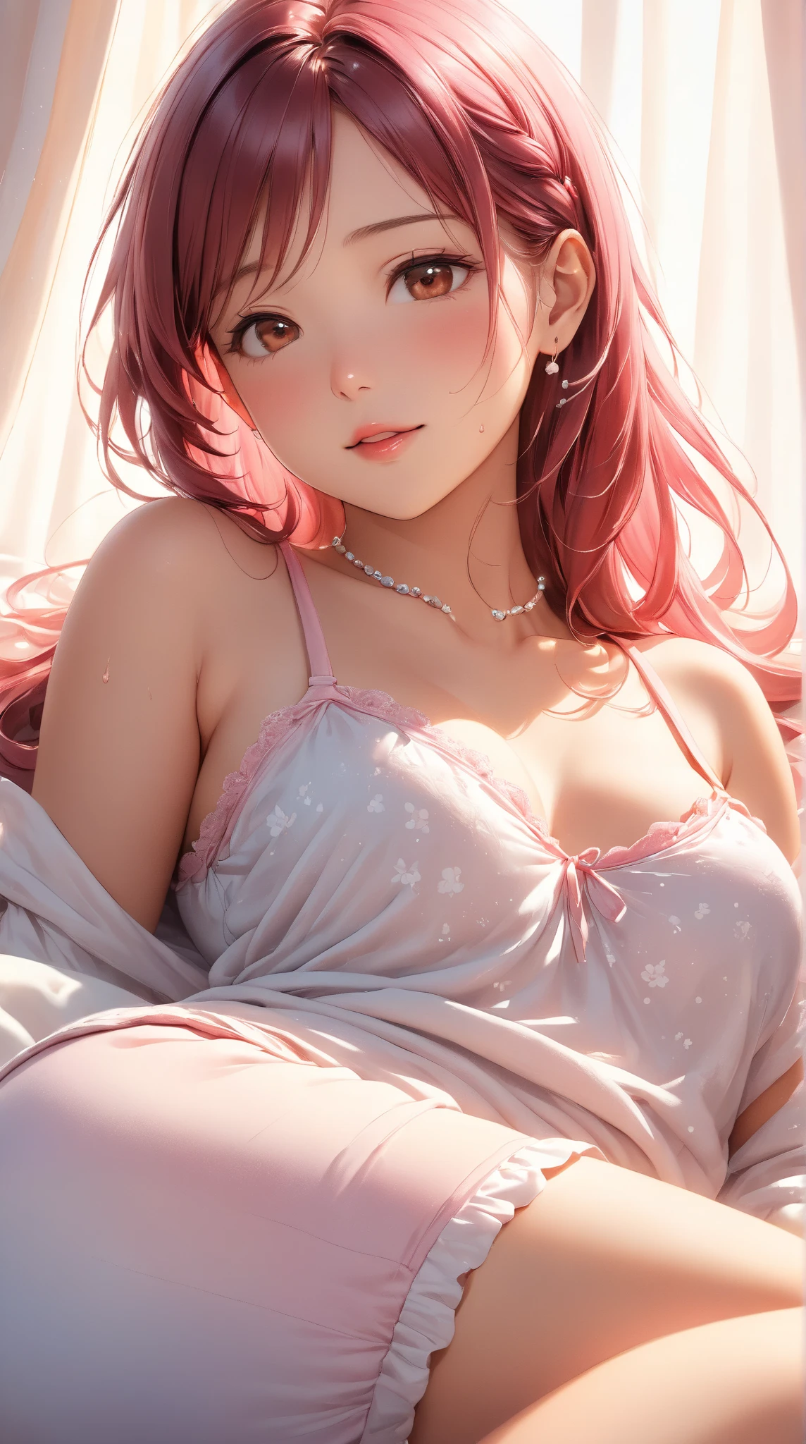 Best Quality,High resolution,8k,finelity detailed background,Masterpiece:1.2),beautiful girl,Shiny pink hair,asymmetrical hair,Pink eyes,Gentle look,A refreshing look,smile,Best quality,Best Quality,Aesthetic and aesthetic:1.2,Best details((Super detailed))(High-definition CG illustrations),Upper Body,Dark grey underwear,Slender body,night,moon,Bedroom,On the bed,smile,blush,cute,Scrounge,Looking up,Being spoiled,super model,wariza,shoot from,below