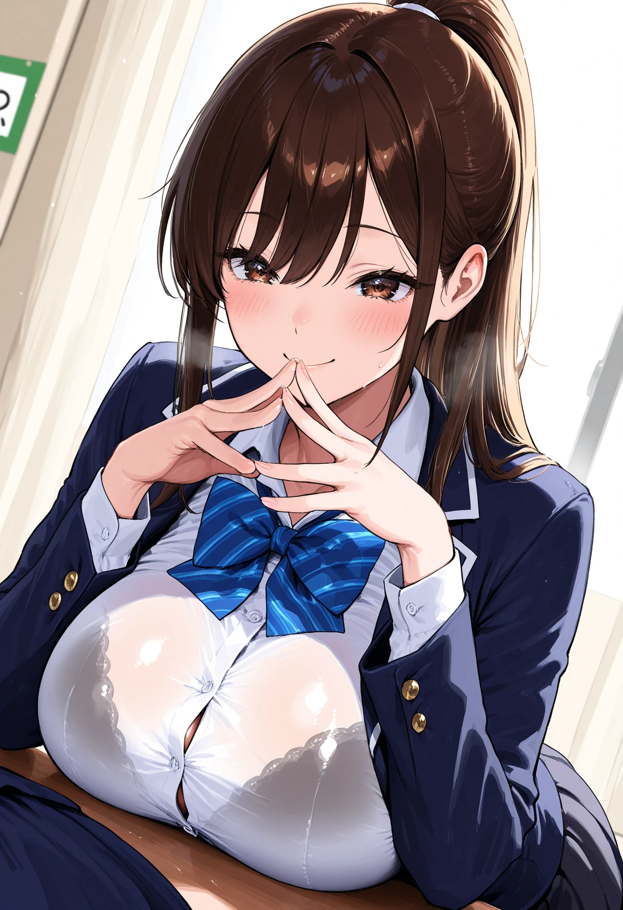 (nsfw:1.5),((table top, highest quality, High resolution, nffsw, perfect pixel, 4k, nffsw, nffsw))), 1 girl, single, alone, beautiful woman、I could see the whole body、 ((middle wave hair, bangs, brown hair)), ((brown eyes, beautiful eyelashes, realistic eyes)), ((detailed face, blush:1.2)), ((smooth texture:0.75, realistic texture:0.65, realistic:1.1, Anime CG style)), medium breasts, dynamic angle, perfect body, ((red bow tie, , black jacket, open jacket, brown cardigan, white shirt, black skirt, plaid skirt)), city stairs、Looking up from the bottom of the stairs、Very embarrassing panic face, looked back、lean forward、(The wind flipped my skirt and exposed my butt.........................、touch your butt with both hands、Random color floral lace panties)、(sexual fluid overflowing:1.2)、Ahe face with open mouth、The strong man behind、vagina、SEX in