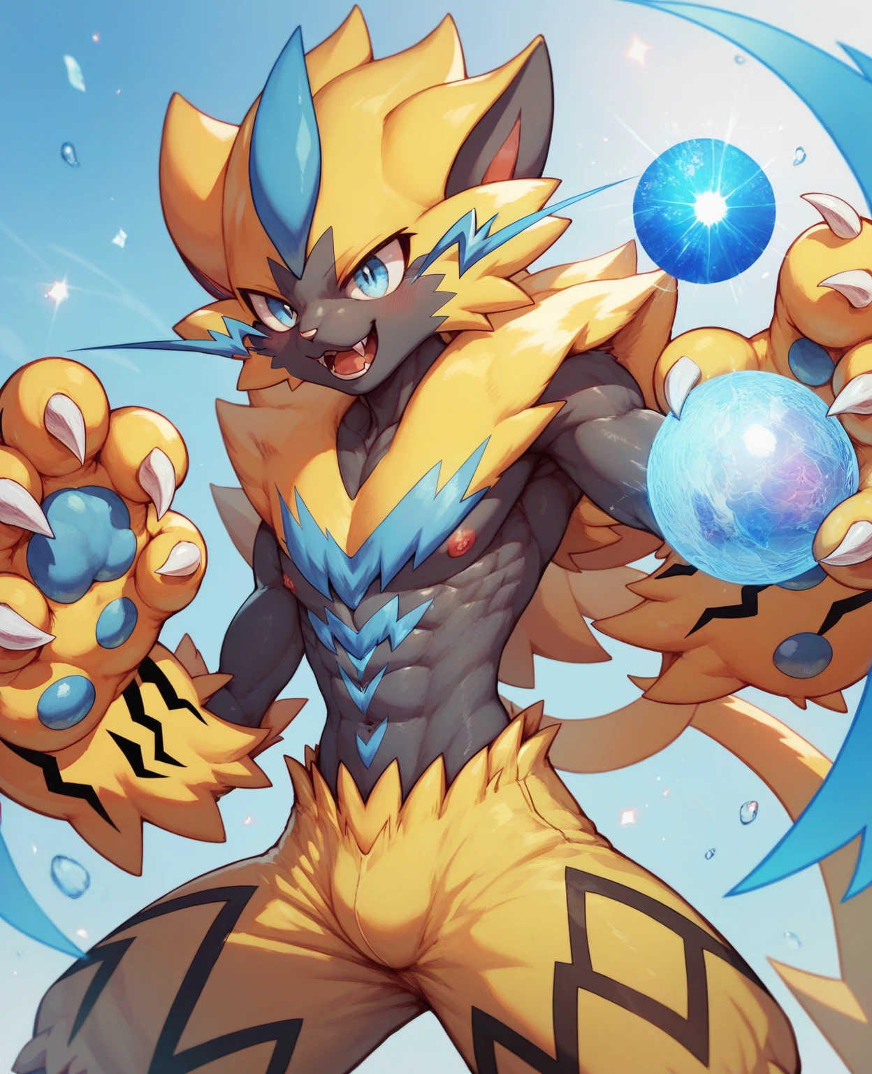 (Zeraora) Pokémon is a Pokémon game with very large yellow and blue Pokémon similar to Pokémon, New Pokémon Full Frame Commission NSFW High Resolution Full Body Commission (penis:1.2)