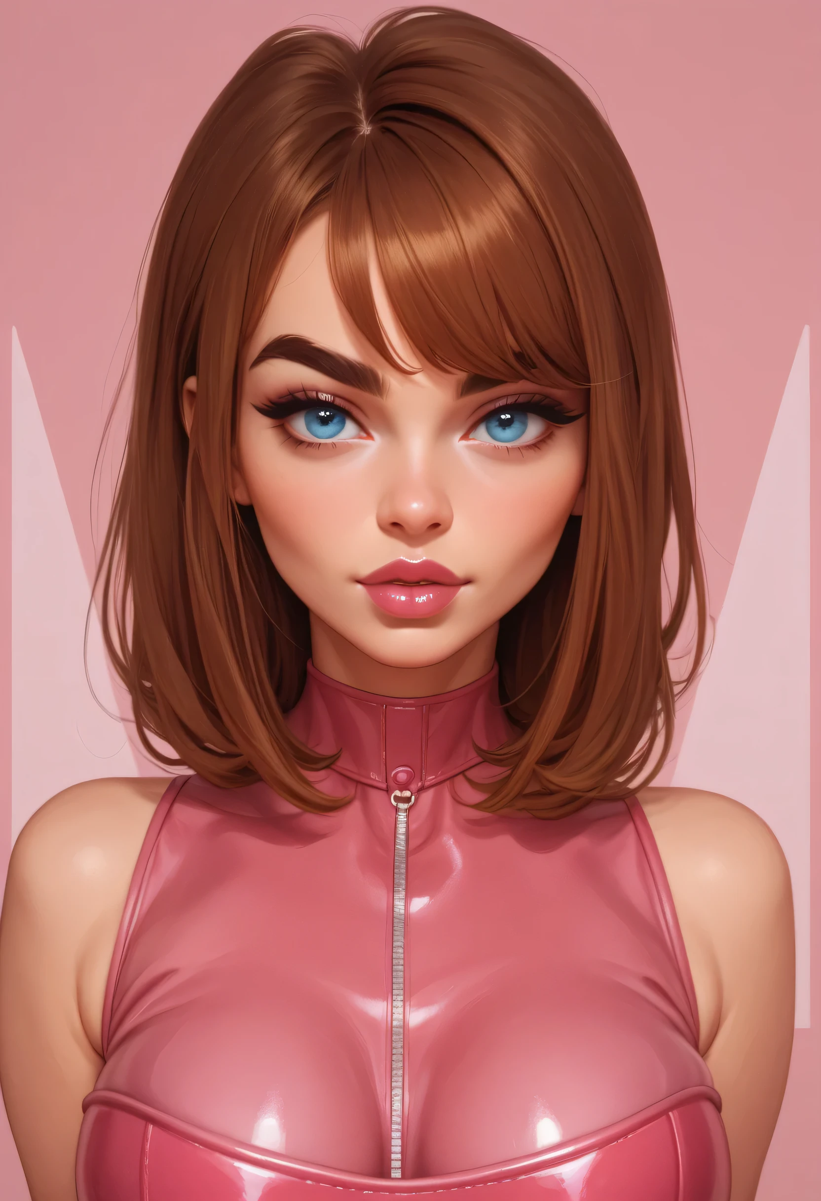 Perfect Face, Cut Straight Hair, Bright Brown Hair, Brown Thick Eyebrows, Blue Eyes, Pink Rouge, Bright Red Thick Lips, Beauty Woman