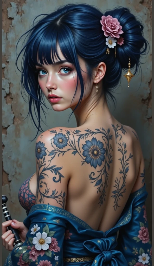 A cute woman (sexy small outfit, tattoos) in a rock music video, pouting, sexy pose near a bedroom, a fan makes a strong wind blowing her hair (show her from head to toe, show all of her)