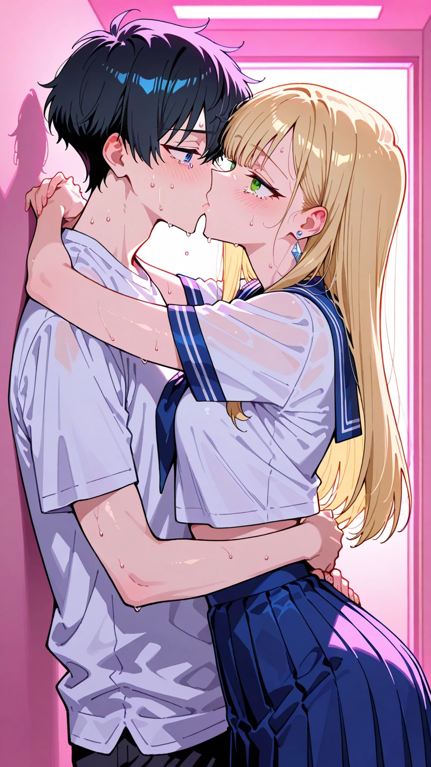 1gyaru,big breasts,boy touching her nipples,trembling,troubled and blushed,school sailor uniform,curvy body,