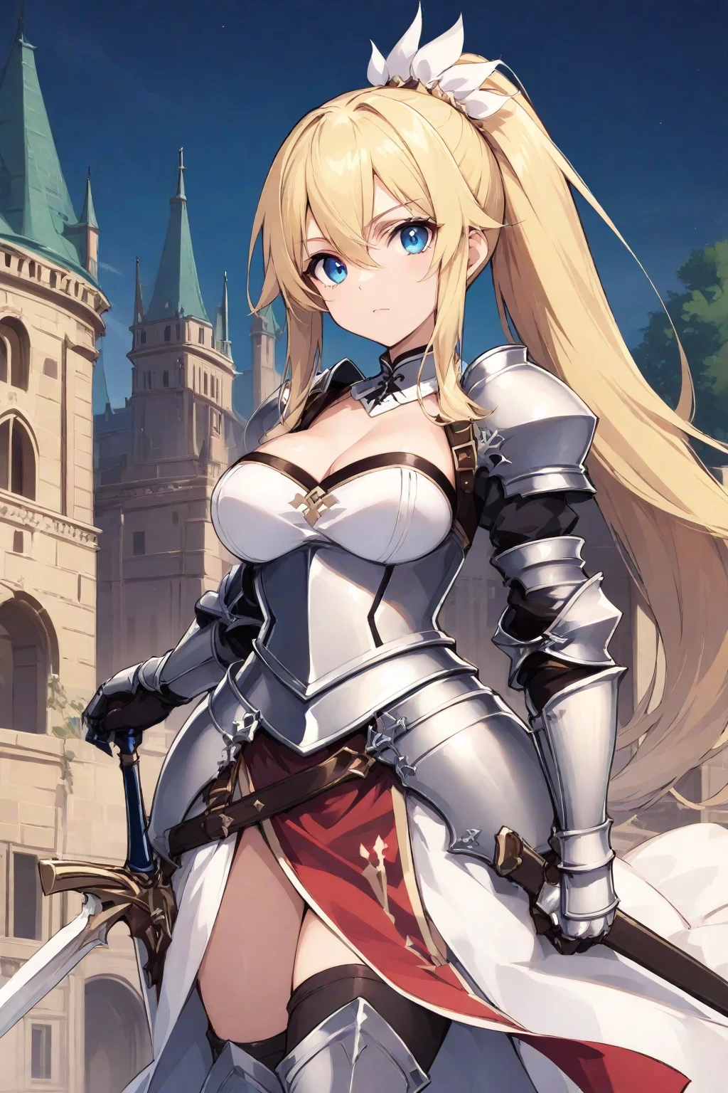 Masterpiece, best quality, White headphone, blonde, Korean woman, tall, slender, Female Knight, red gauntlet, red boots, Sword, beautiful face, beautiful hand, anime pastel, cleavage, Castle