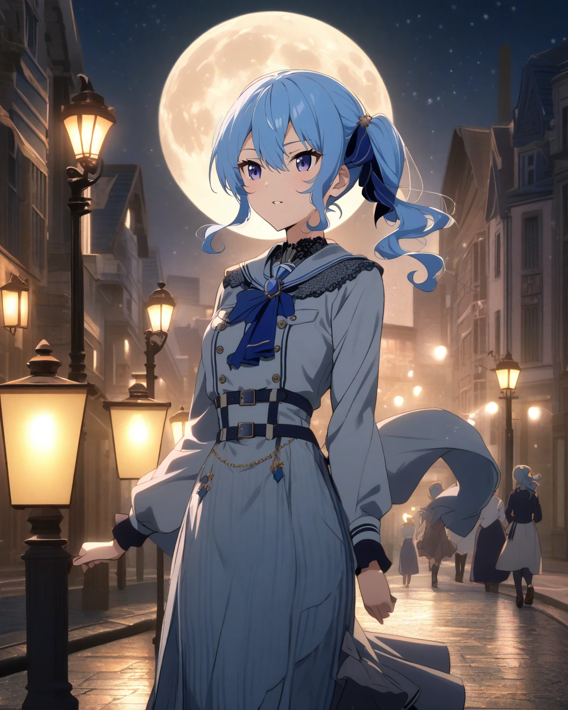 Sakuya Izayoi, silver hair, blue maid outfit, white apron, calm and serious expression, Scarlet Devil Mansion background. Il y a une femme en robe bleue debout sur un balcon à regarder la lune. du désir, clair de lune bleuâtre, regarder la lune, la lune derrière elle, la nuit moonlit, tenue sur le thème lunaire, lune bleuelight, nuit bleue, , la nuit!!, la nuit, touhou, je regarde la pleine lune, lune bleue, la nuit!, Au clair de lune