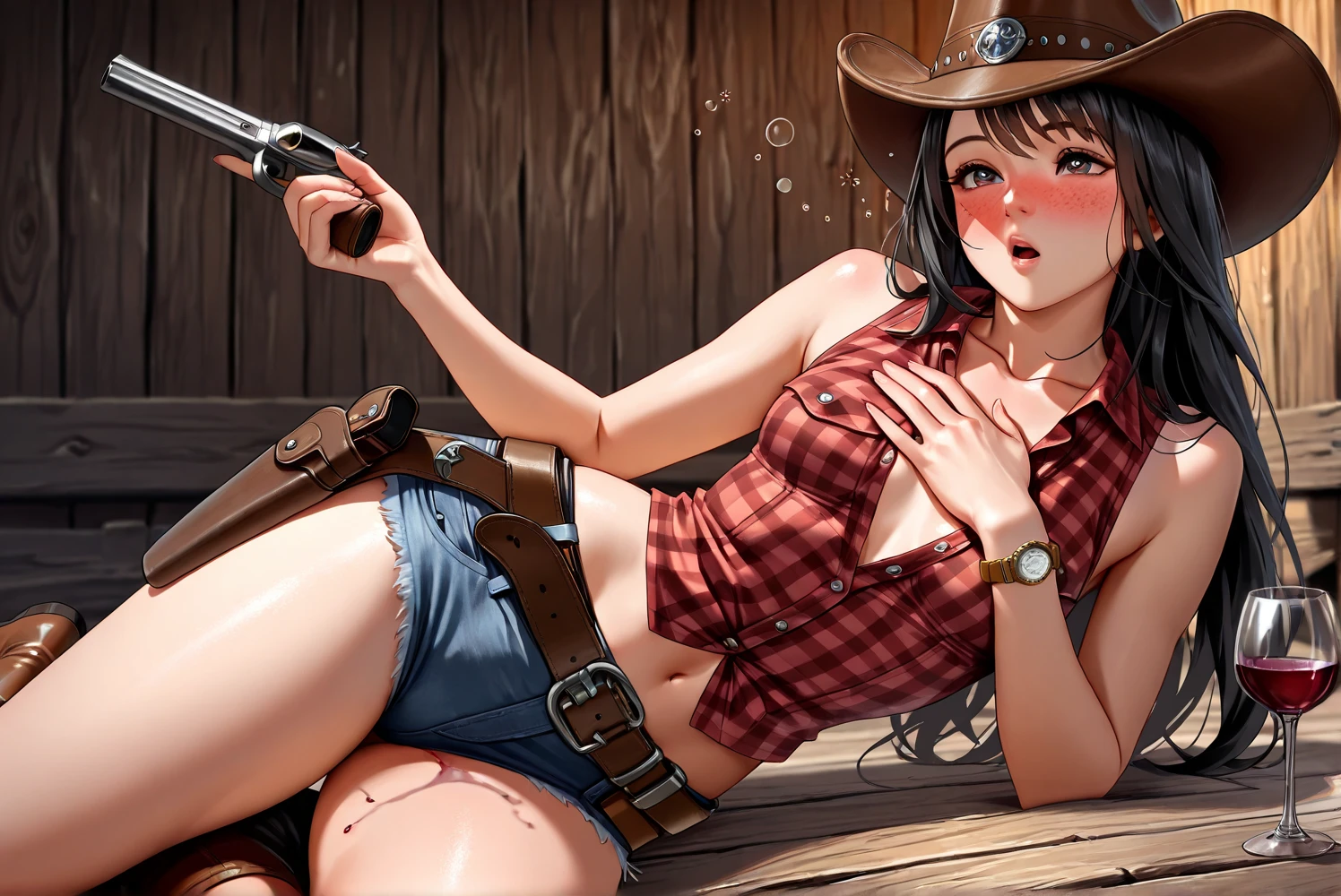 (((Being a single woman:2.0))),(((NSFW:0.5))),(((Wear denim hot pants:1.5))),(((Wear a red checked short-sleeved collared shirt:1.5))),(((Wear a gun belt with a holster:1.8))),,((Wear a watch on your wrist:1.8))),(((Showing cleavage))),(((Exposed thin inner thighs))),(((Small breasts:1.5))),(((Navel exposed:1.5))),(((Bare arms))),(((Put on your boots:1.5))),((Blushed:1.9)), Beautiful detailed girl, Very detailed目と顔, 緻密でBeautiful Eyes, Very detailed, High resolution, Highest quality, masterpiece, Very detailed, 8k wallpaper, wonderful, finely, Highest quality,(Standing in front of a wooden wall),Beautiful Eyes,((Engage your audience:1.8))),(((Drunk:1.8))),(((Crying face:1.6))),(((Touch your chest with your left hand:1.5))),(((:Cowboy Shot 1.5)))