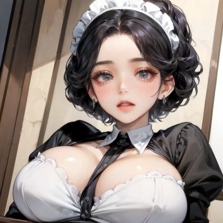 (masterpiece, 最high quality, 超High resolution, Very detailed), (Realistic:1.1, photoRealistic:1.4), Perfect illustration, Perfect lighting,Perfectly detailed hair, Perfect and exquisite face, Perfect collarbone, Perfect body,Juicy breasts, Perfect Thighs, Beautiful legs, View your audience, 1 person,Perfect Face, (Perfect Anatomy, Anatomically correct), Symmetrical face、((Shiny Hair)),Sexy Body、(masterpiece),(最high quality：1.3),8k,Very clear,(Ultra-realistic),Captivating woman,(high quality, High resolution, The finer details), Realisticなスタイルの女性,Juicy breasts、Perfect Woman、Perfect Face、Symmetrical face、Baby Face、((Big breasts))、blush、((Juicy lips))、Cowboy Shot、(((Black medium hair)))、((Large, double-set black eyes、Long eyelashes))、(Red Makeup)、(((Housemaid)))、(((Frilled maid outfit)))、(Healthy and well-developed body)、((Big tits jk))、(indoor、Mansion)、(((Cat ear、Glasses)))